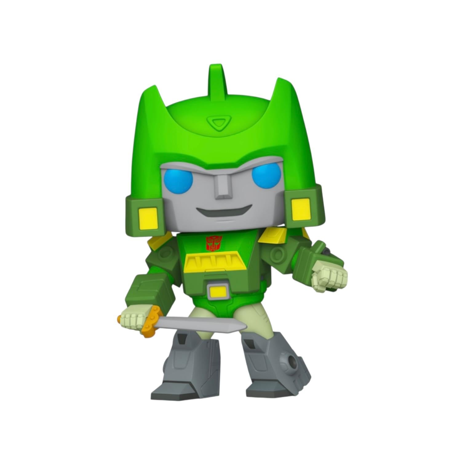 Green robot toy figure with blue eyes on a white background