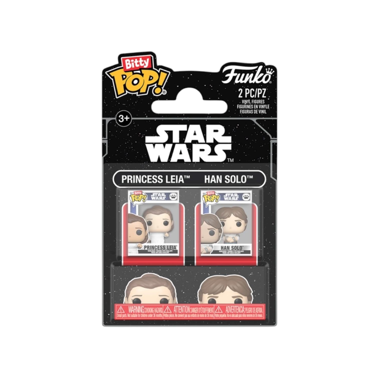 Funko Pop! packaging of Princess Leia and Han Solo figures with Bitty Pop! branding.