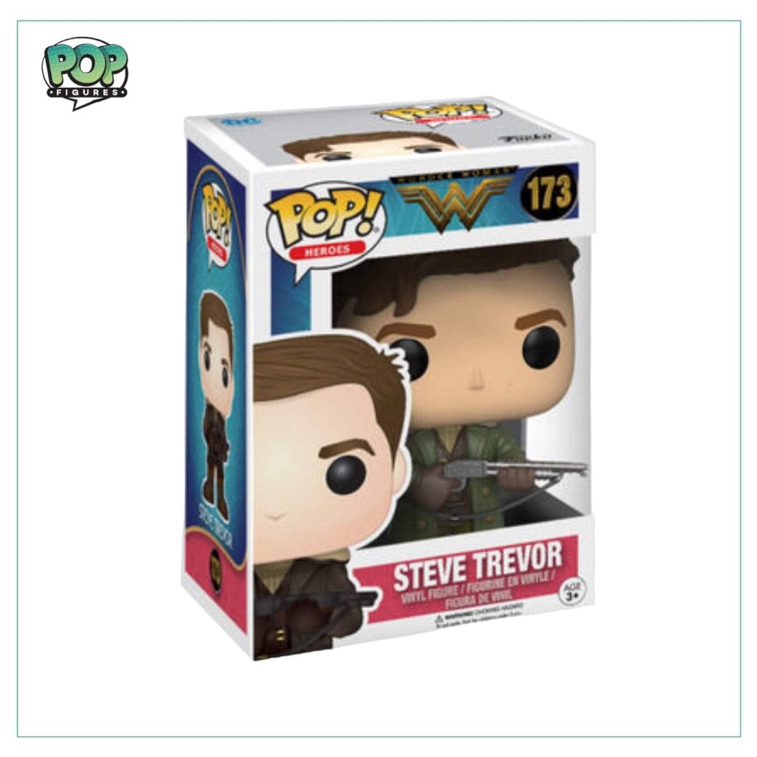Funko Pop! figure of Steve Trevor from Wonder Woman, featuring his iconic outfit and determined expression.