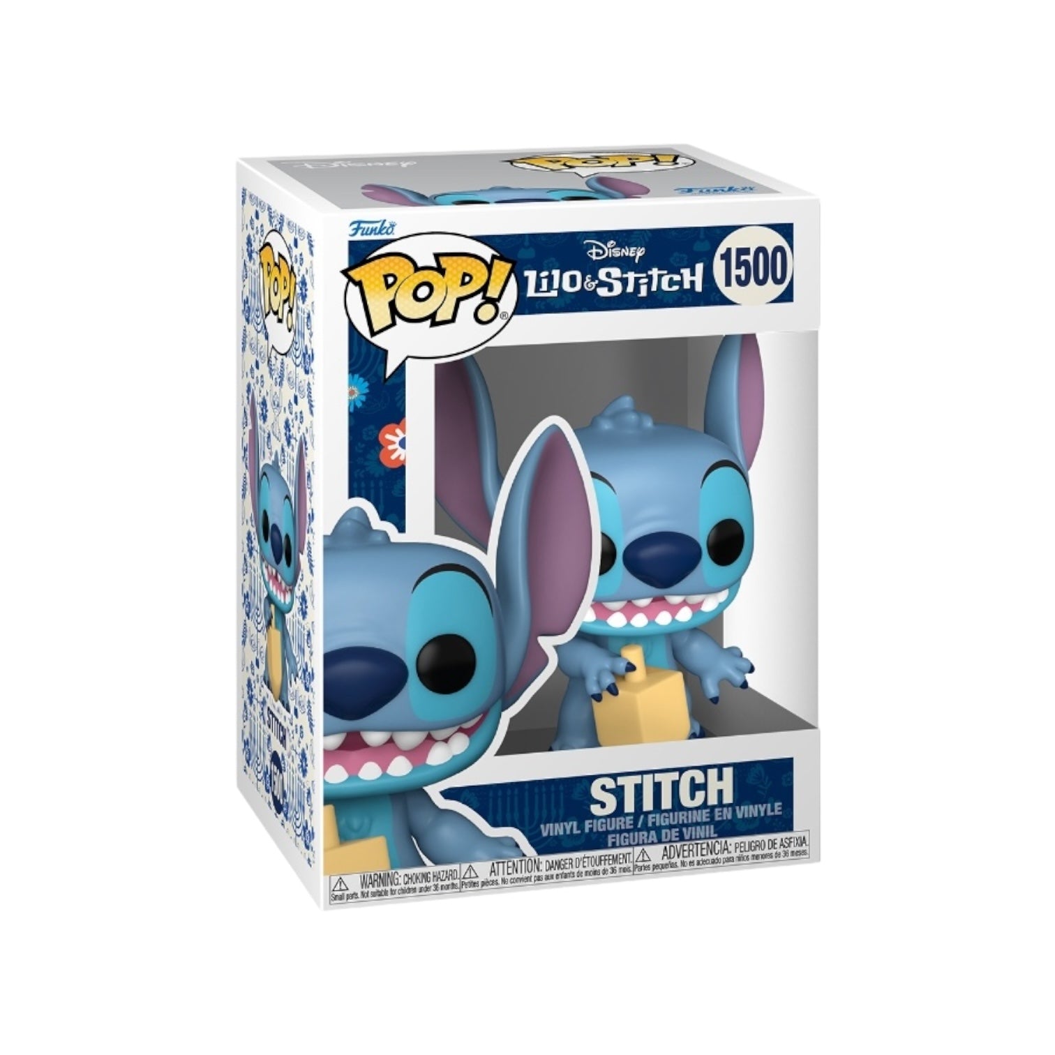 Funko Pop! figure of Stitch celebrating Hanukkah, wearing a blue and white menorah hat, from Lilo and Stitch series.