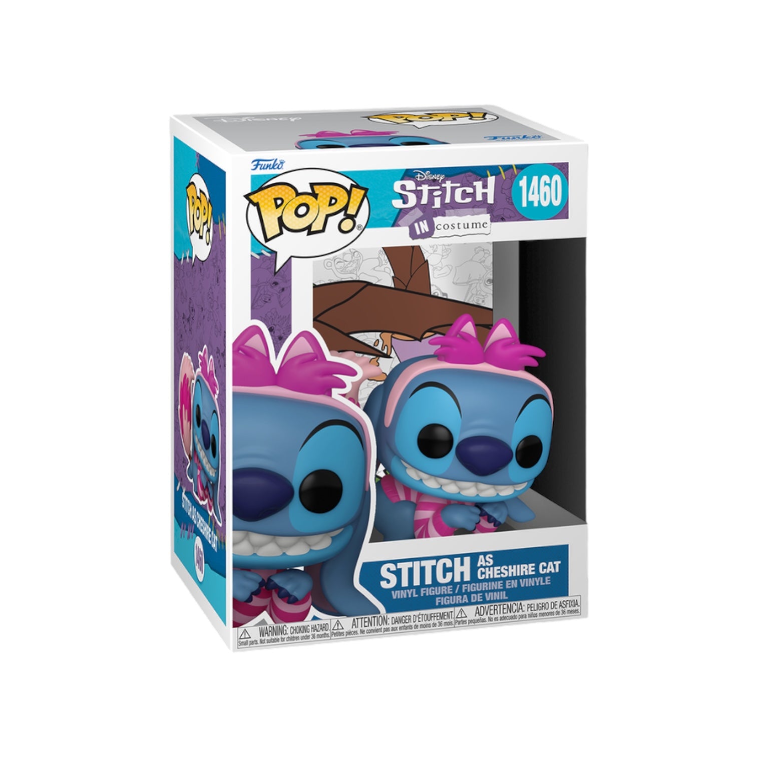 Funko Pop! Stitch dressed as the Cheshire Cat, featuring purple and pink stripes with a mischievous grin.