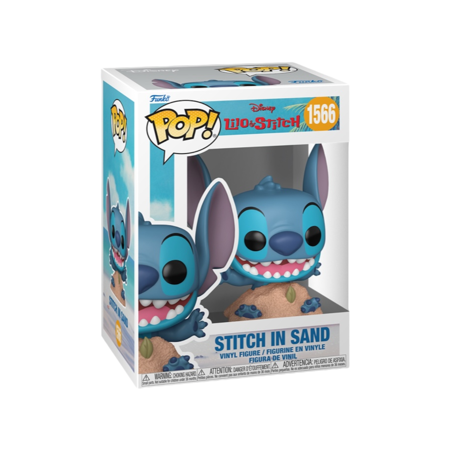 Lilo & Stitch Funko Pop #1566, depicting Stitch in a sandy setting, showcasing his cheerful expression and bright colors.
