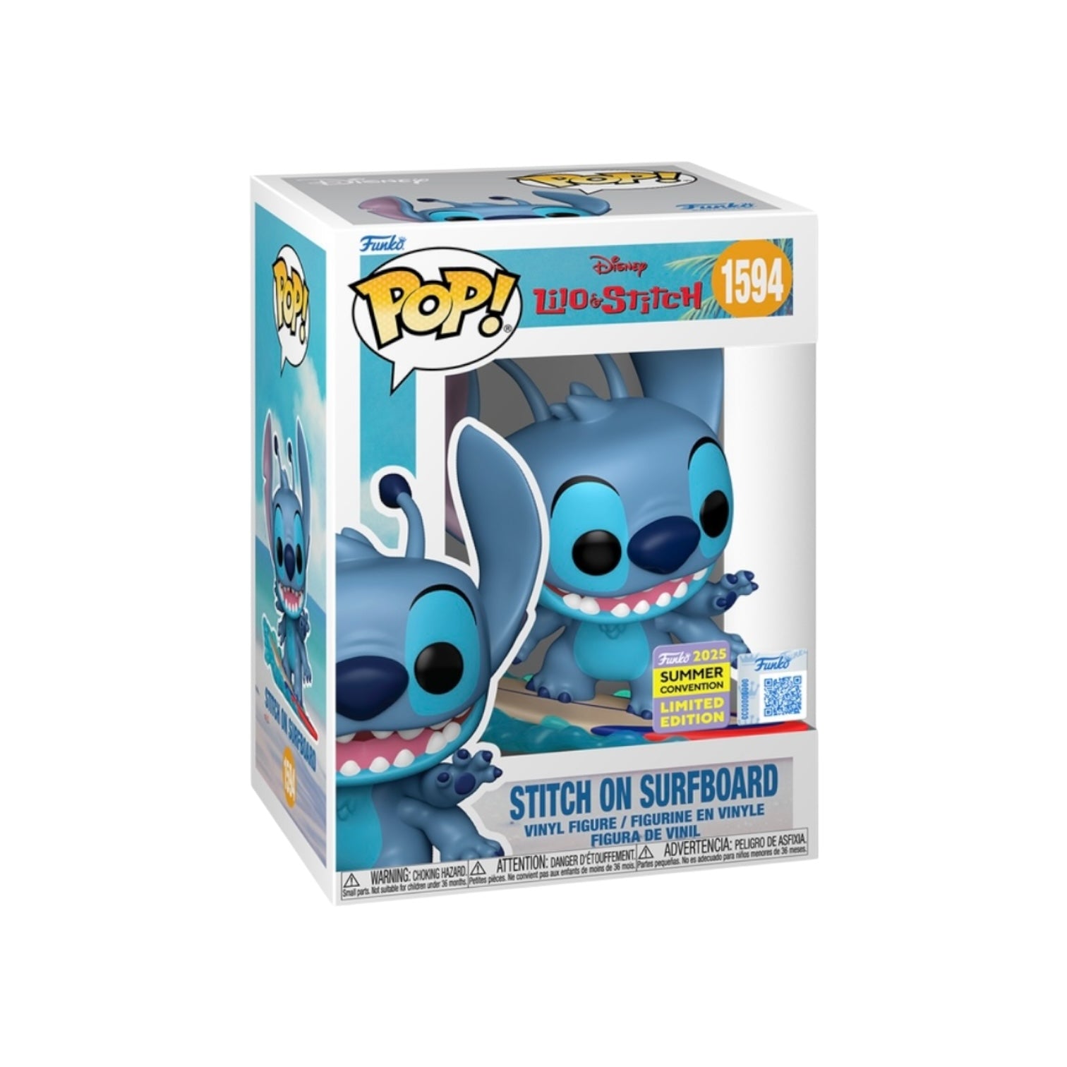 Funko Pop! Stitch on Surfboard figure packaging with Lilo & Stitch branding.