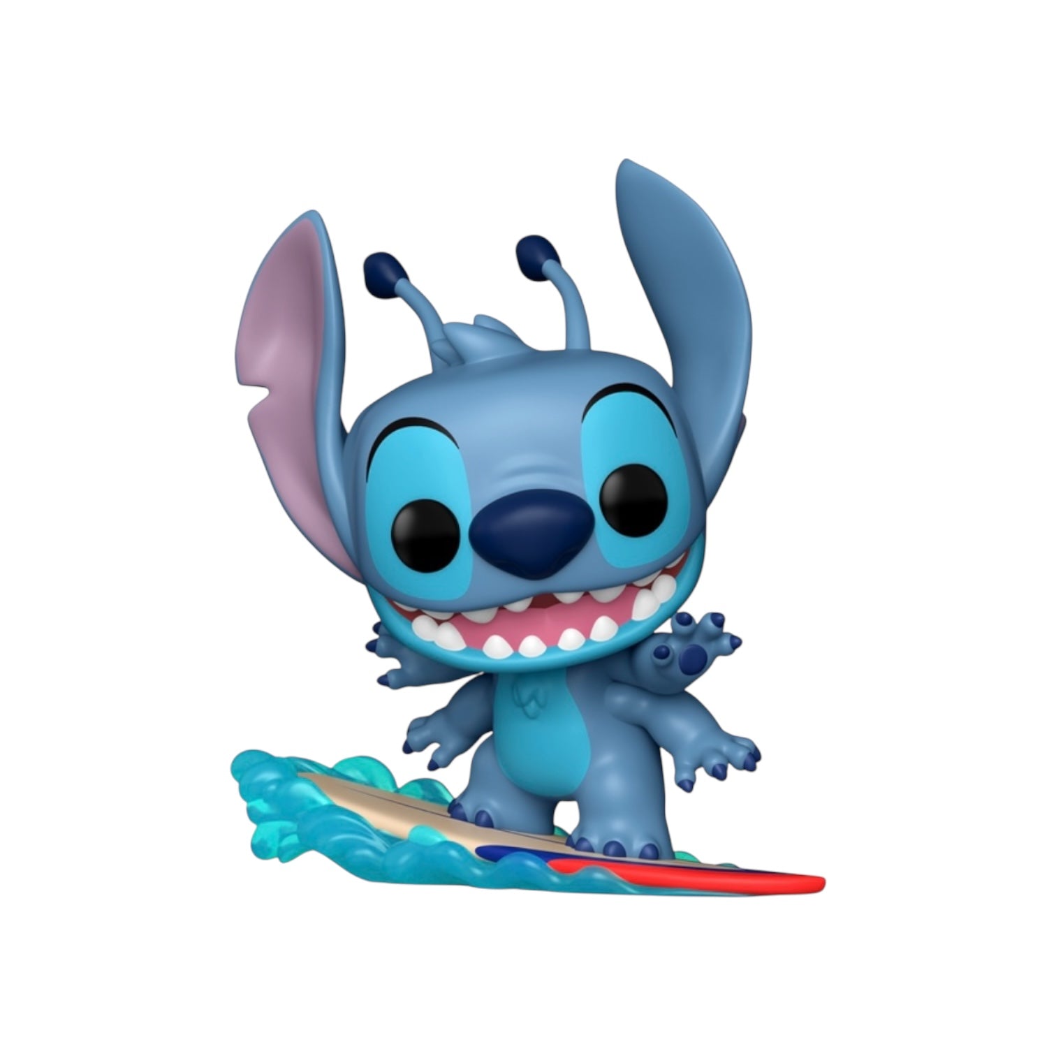 Blue animated character on a surfboard with a white background