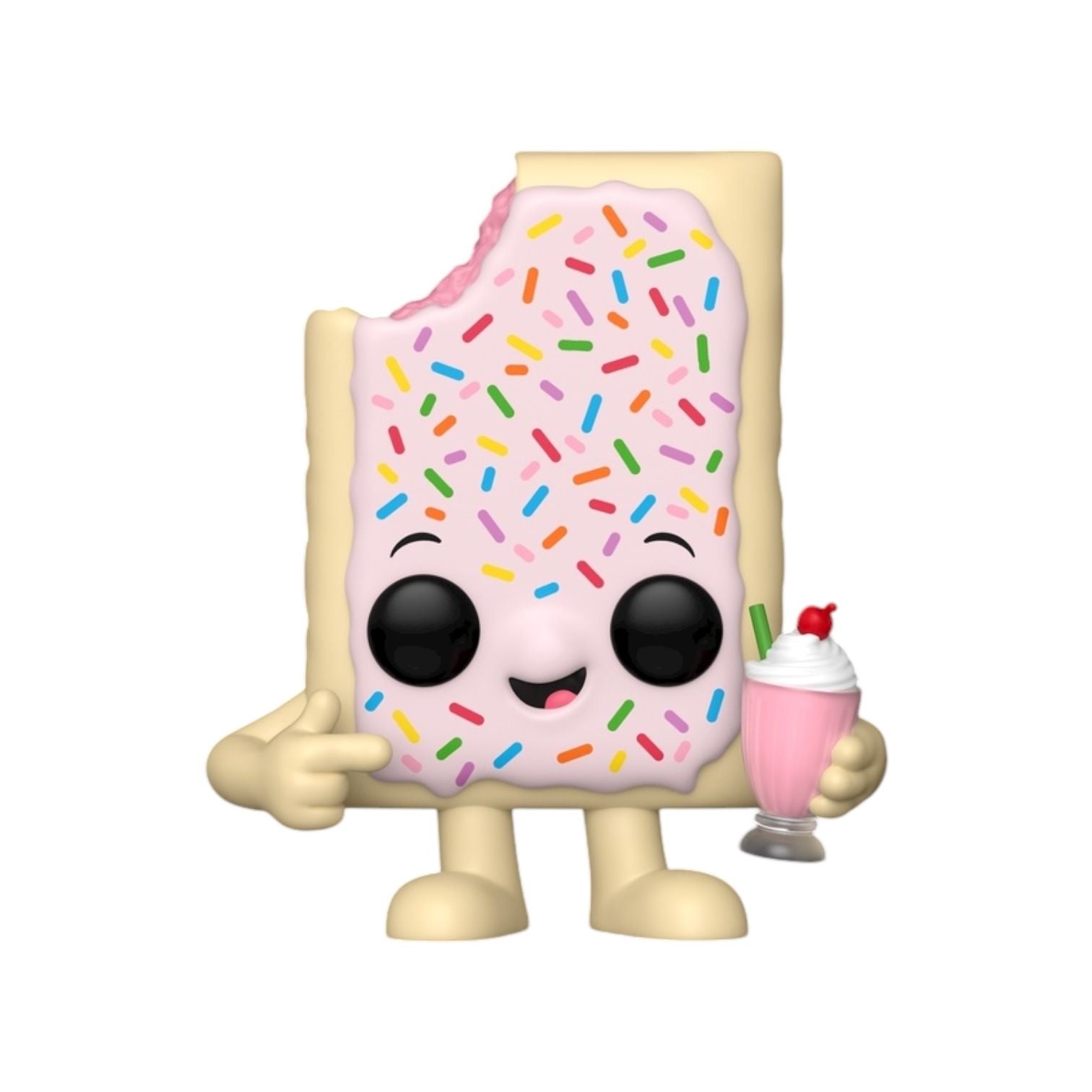 Cartoon-like cookie with pink icing and sprinkles holding a milkshake on a white background