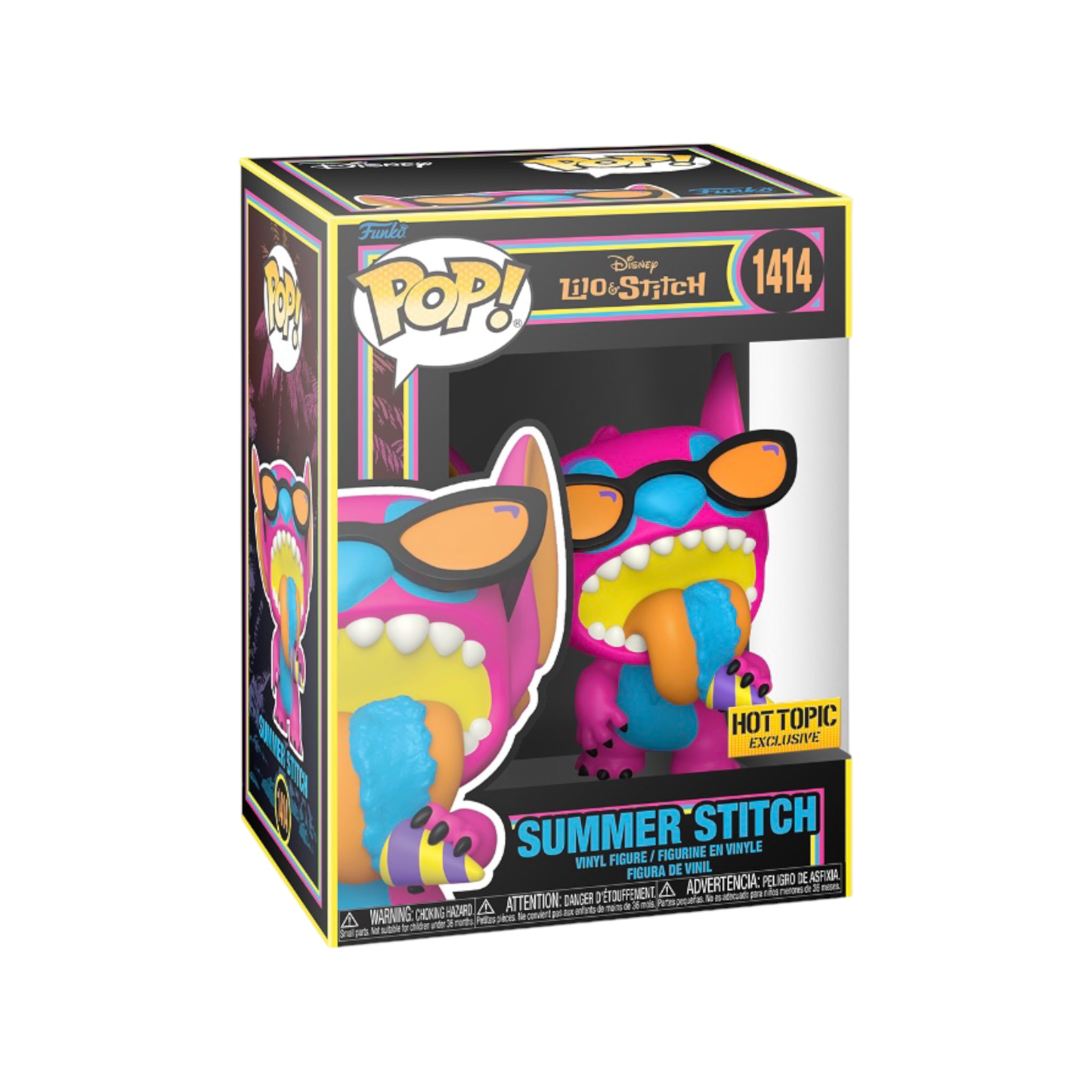  Funko Pop! Summer Stitch #1414 (Blacklight) from Lilo & Stitch, exclusive to Hot Topic, featuring vibrant colors and details.