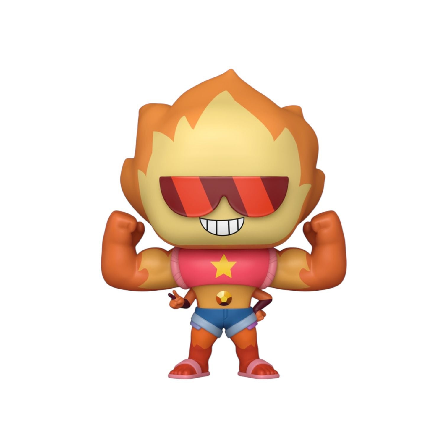 Animated character with flame-like hair, sunglasses, and a star on a white background