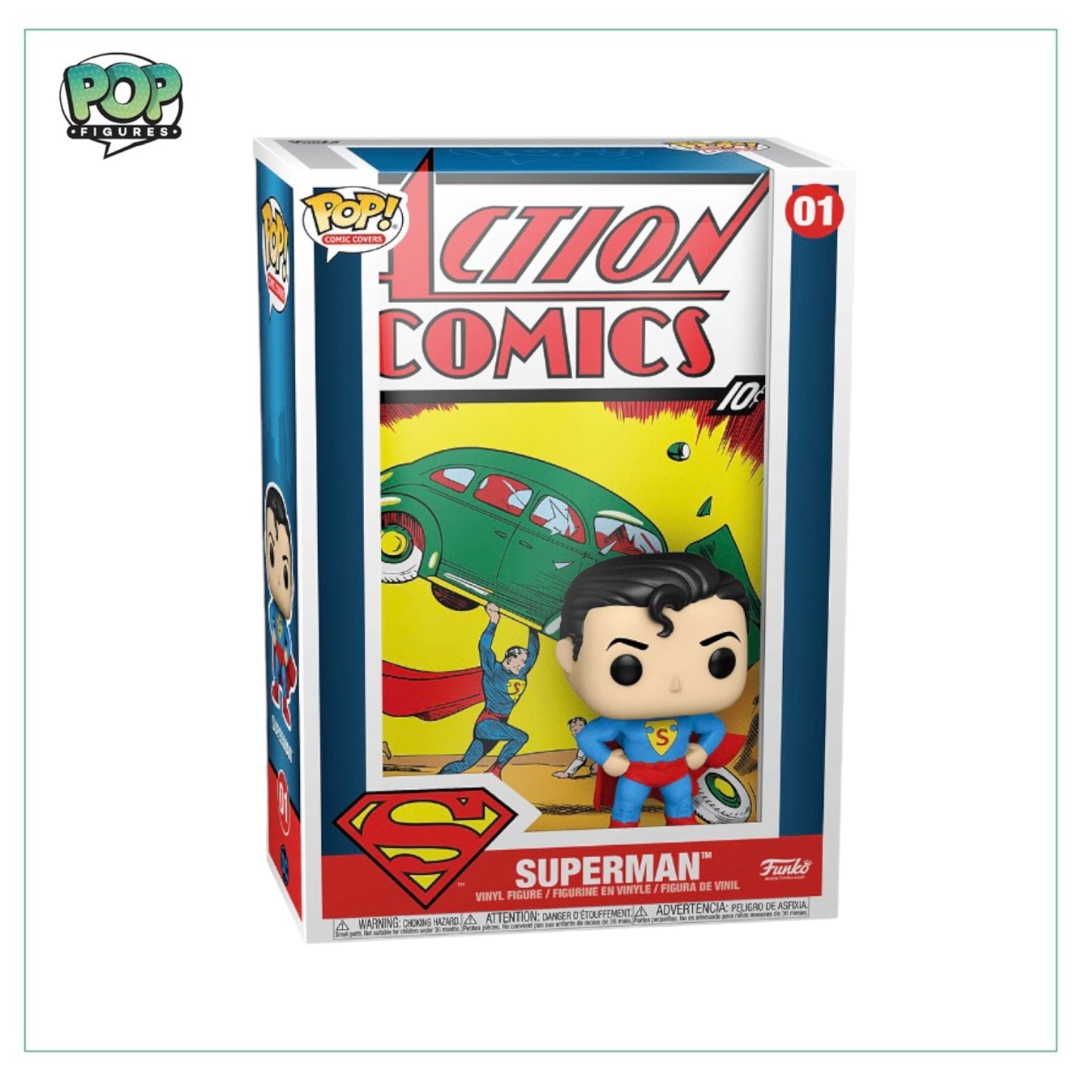 Funko Pop! figure of Superman from Superman #01 comic, showcasing the iconic superhero in an action pose.