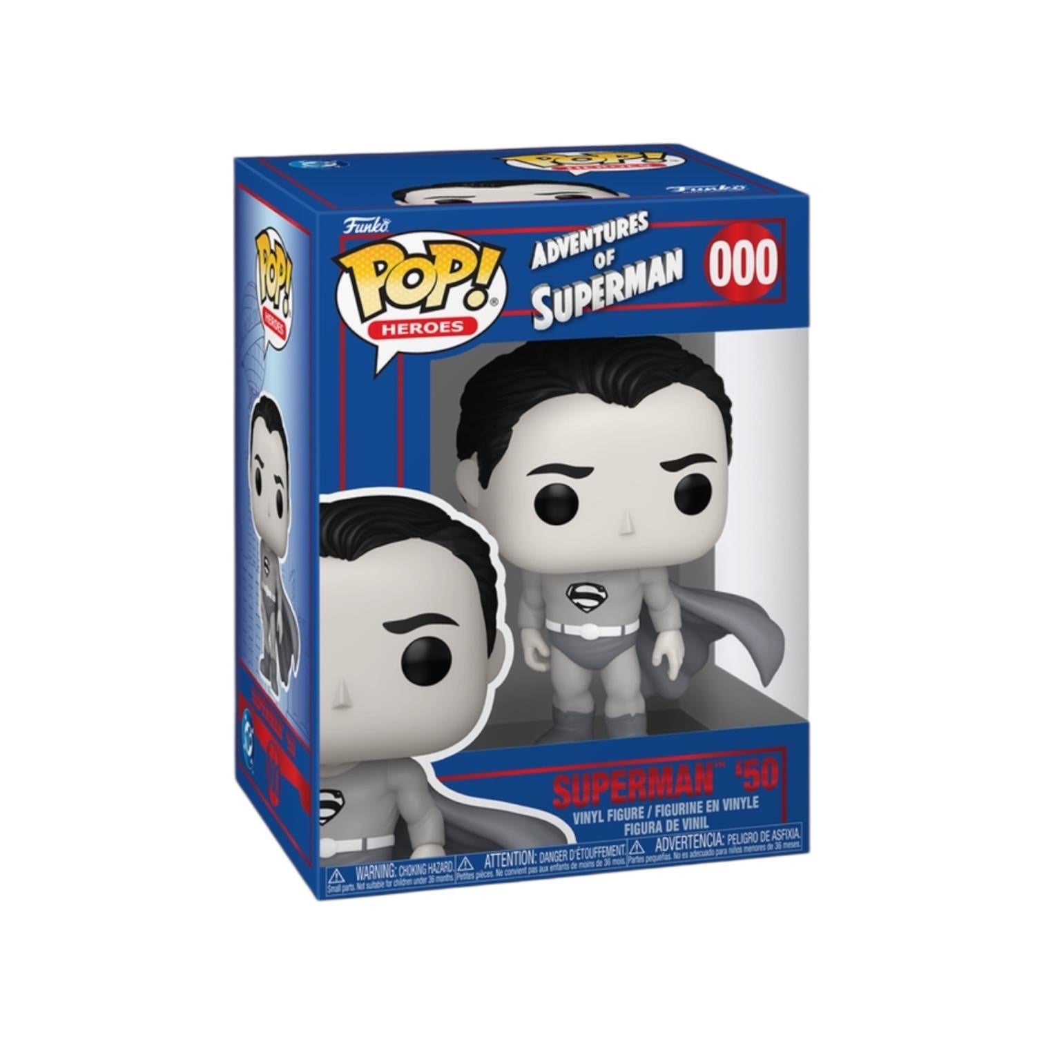 Funko Pop! vinyl figure packaging featuring Superman in a blue box with white background