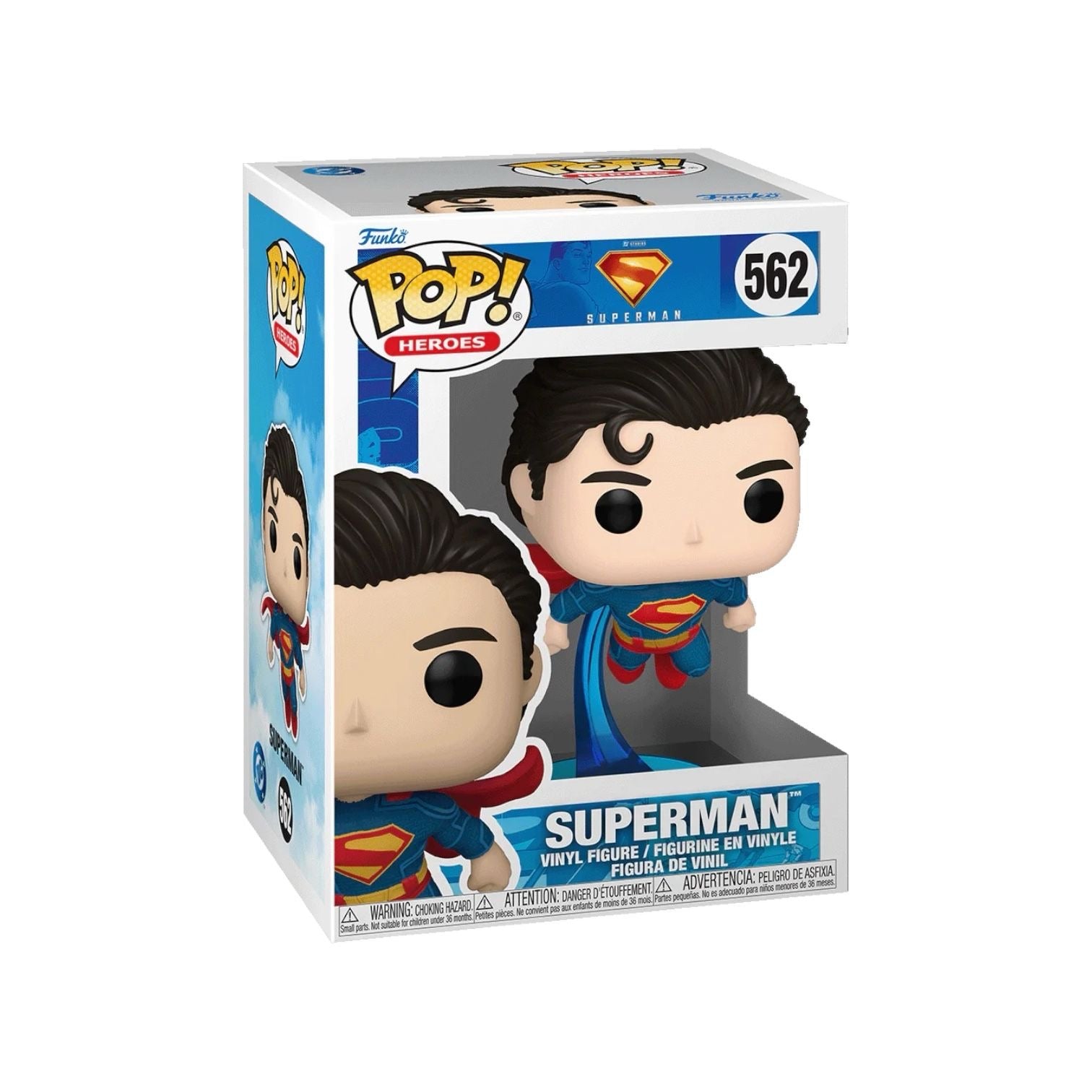  Superman #562 Funko Pop, showing Superman in his iconic outfit, ready to save the day with a big smile.