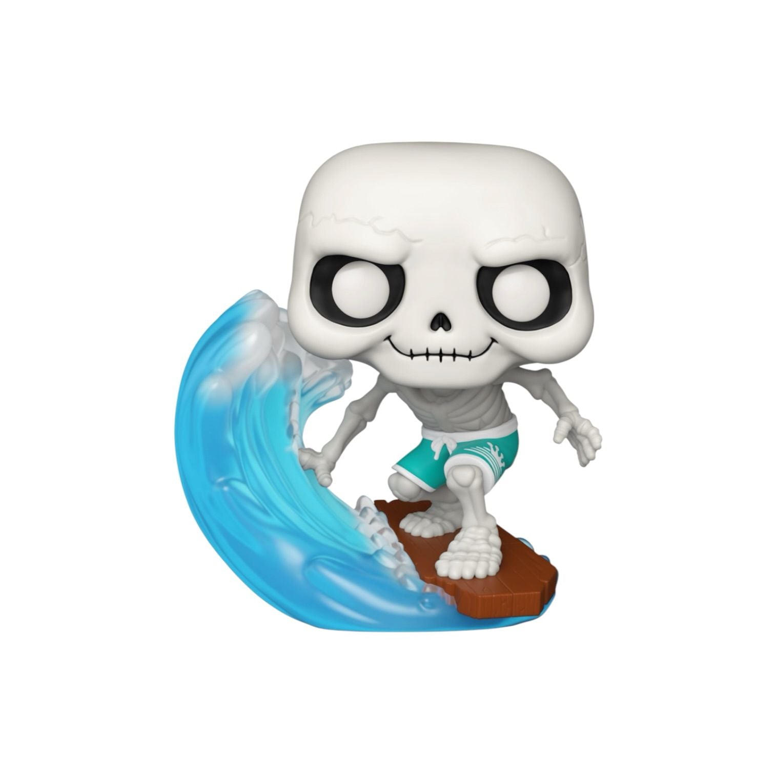 Skeleton figurine surfing on a wave with a white background
