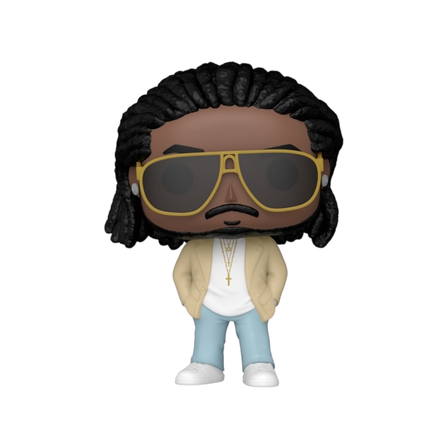 T-Pain wearing stylish light blue jeans with white trousers and top with cream jacket and gold glasses 