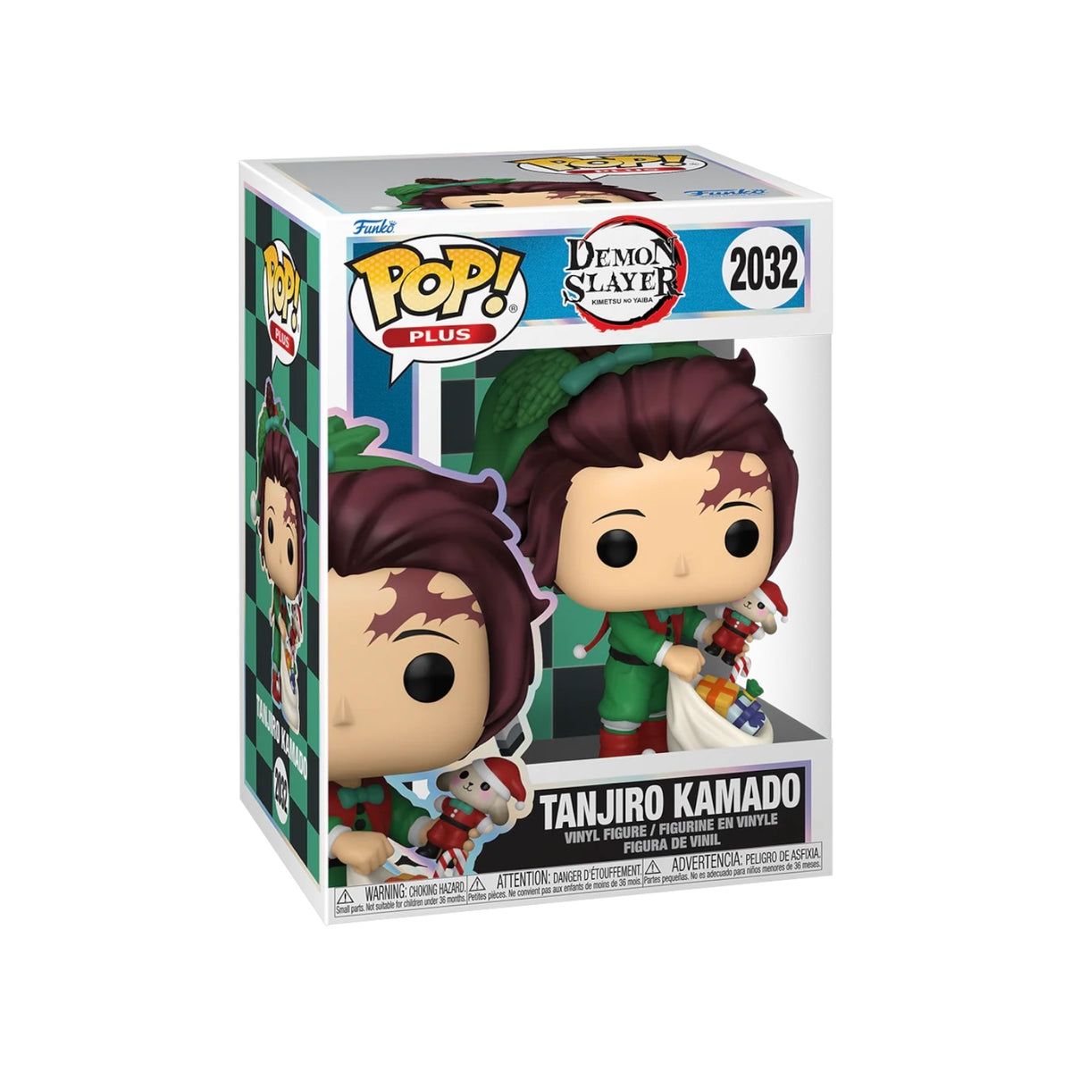 Tanjiro Kamado in holiday attire as a Funko Pop, featuring festive colors and a cheerful expression from Demon Slayer.