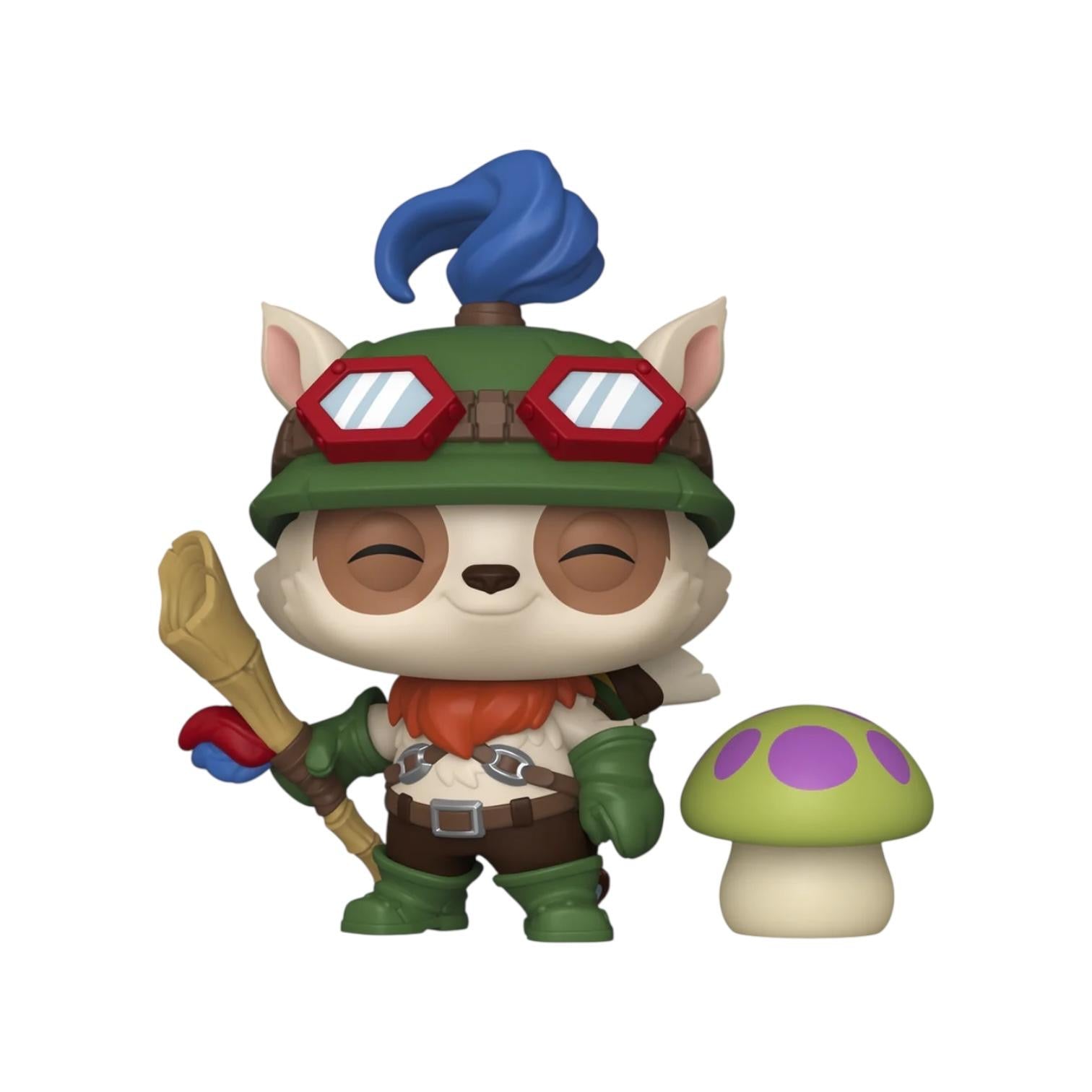 Animated character with blue hair, goggles, and a mushroom on a white background