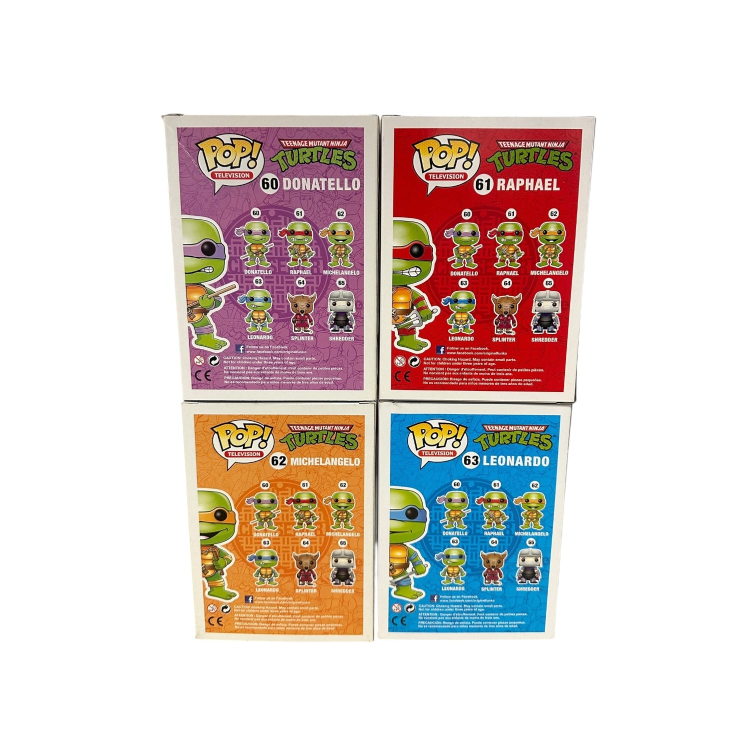 Four Funko Pop! Teenage Mutant Ninja Turtles action figure boxes on a white background