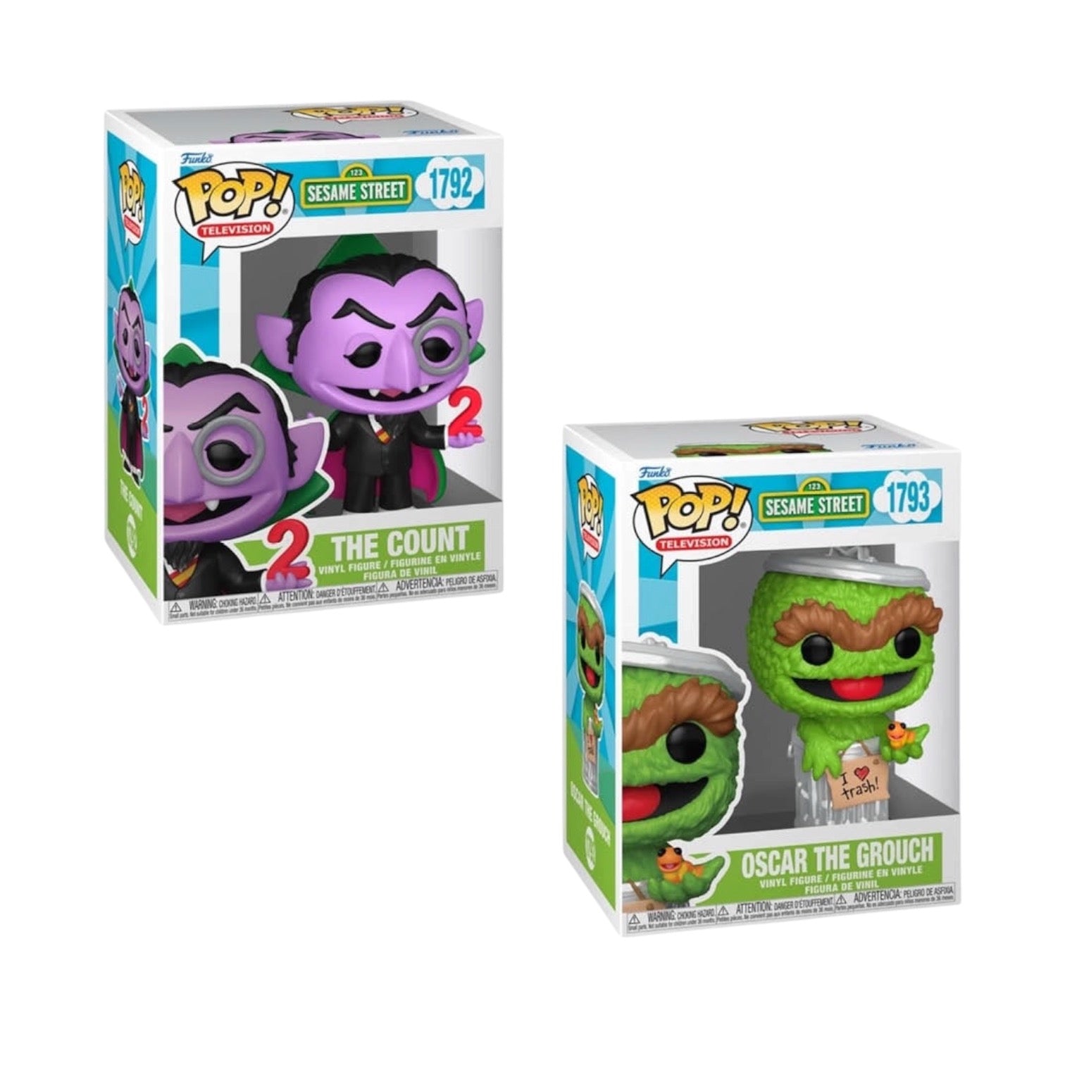 Two Funko Pop! figures in their packaging on a white background