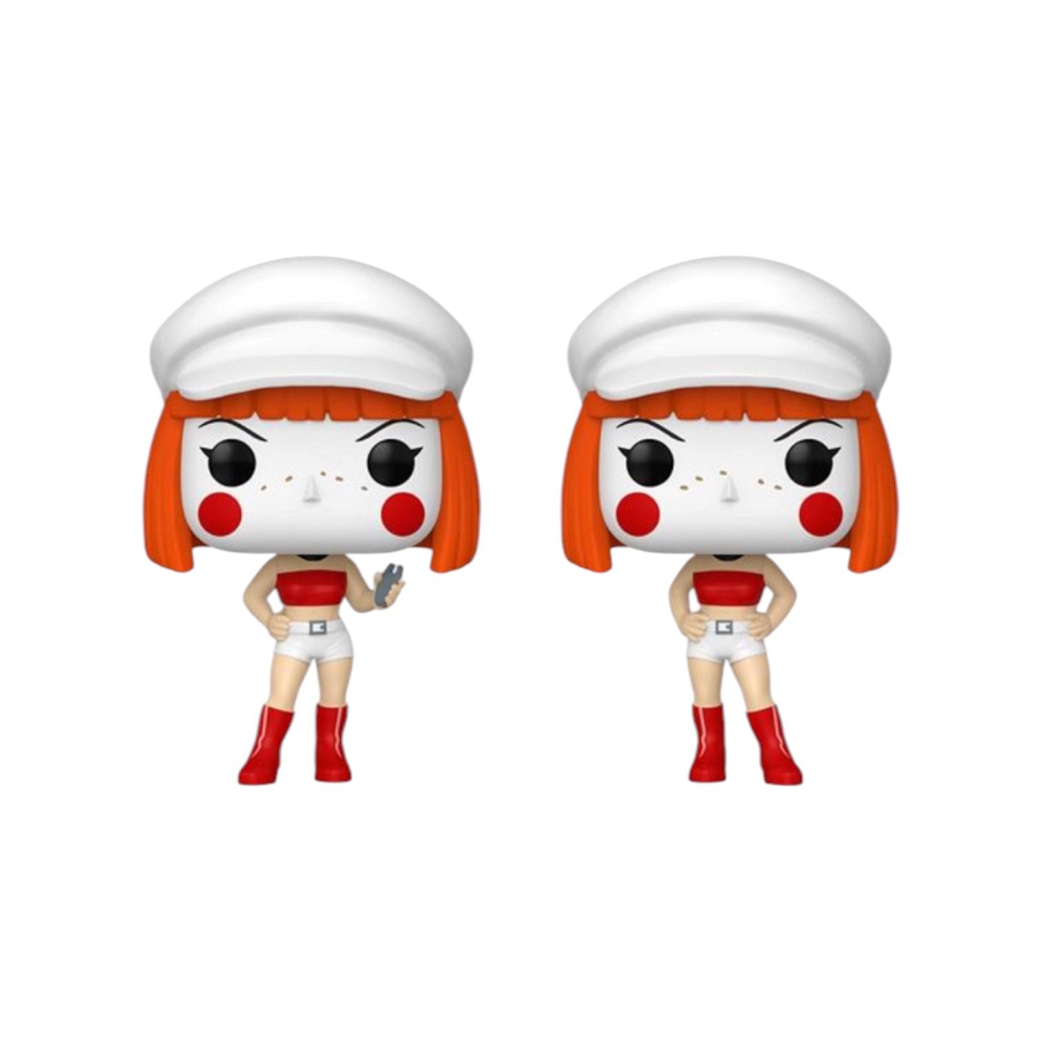 Two Funko Pop! figures of a character with red hair and outfit on a white background