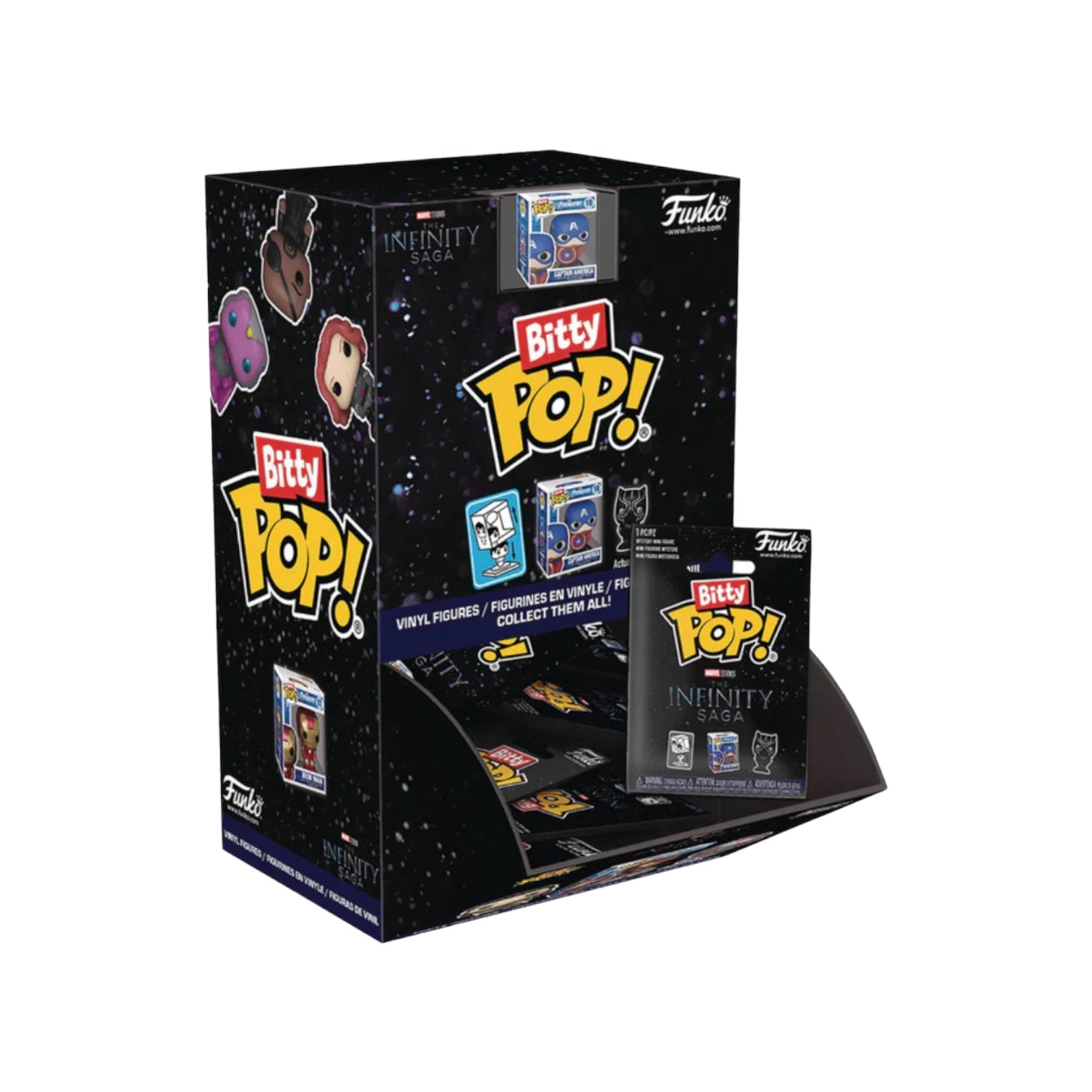 A display of single Bitty Pops from Marvel's Infinity Saga, featuring beloved characters in a charming, collectible format.