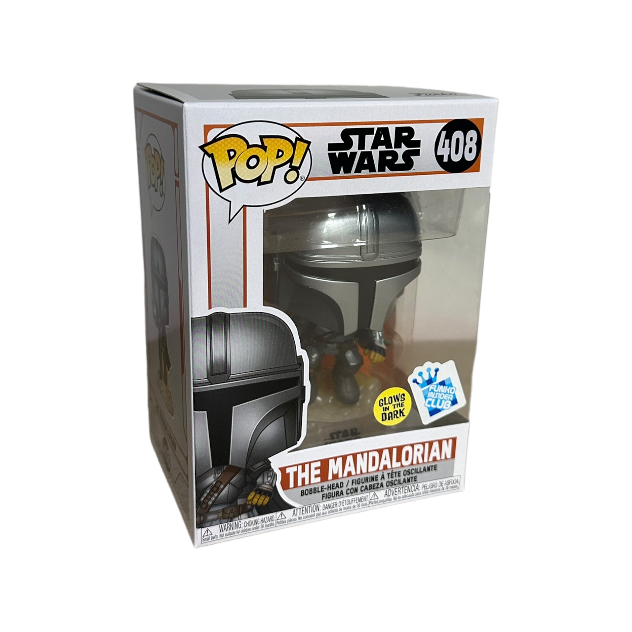 Funko Pop! of The Mandalorian #408, glowing in the dark, exclusive to Funko Insider Club, from Star Wars: The Mandalorian.