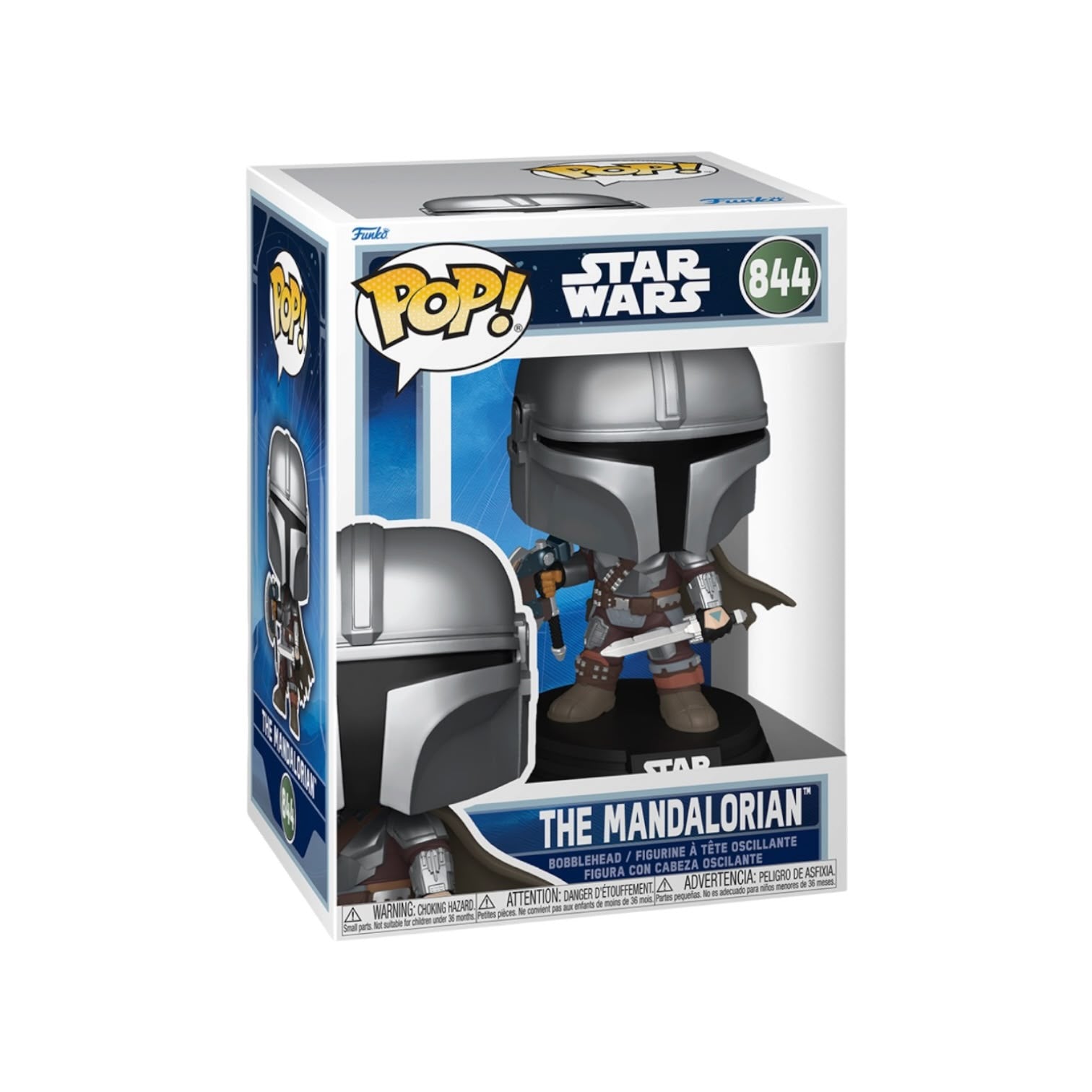 Funko Pop! Star Wars: The Mandalorian vinyl figure number 844 in its original window box packaging, featuring the character in silver armor with a brown cape and boots.