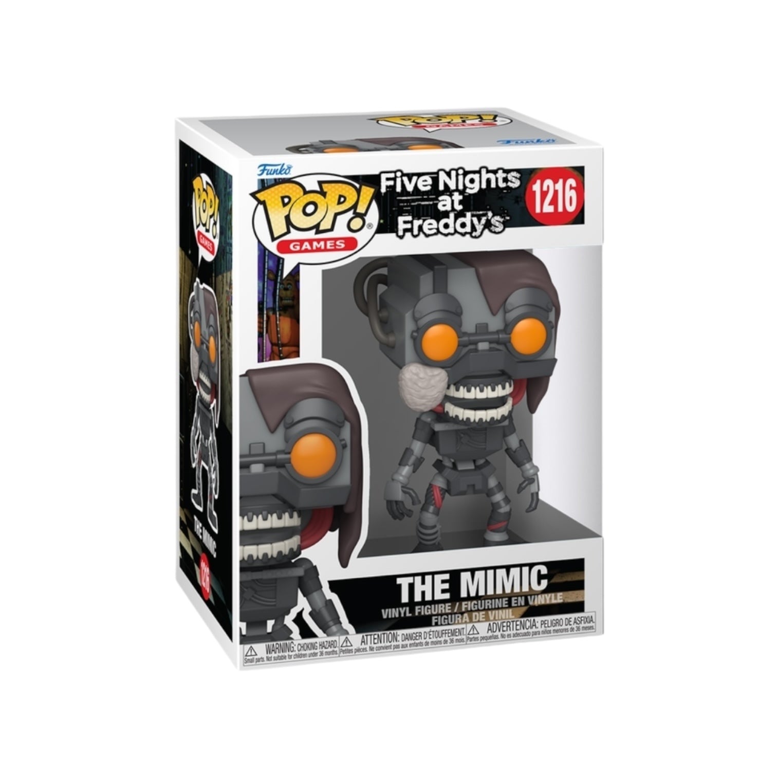 Funko Pop! vinyl figure packaging for 'Five Nights at Freddy's' game, featuring 'The Mimic'.