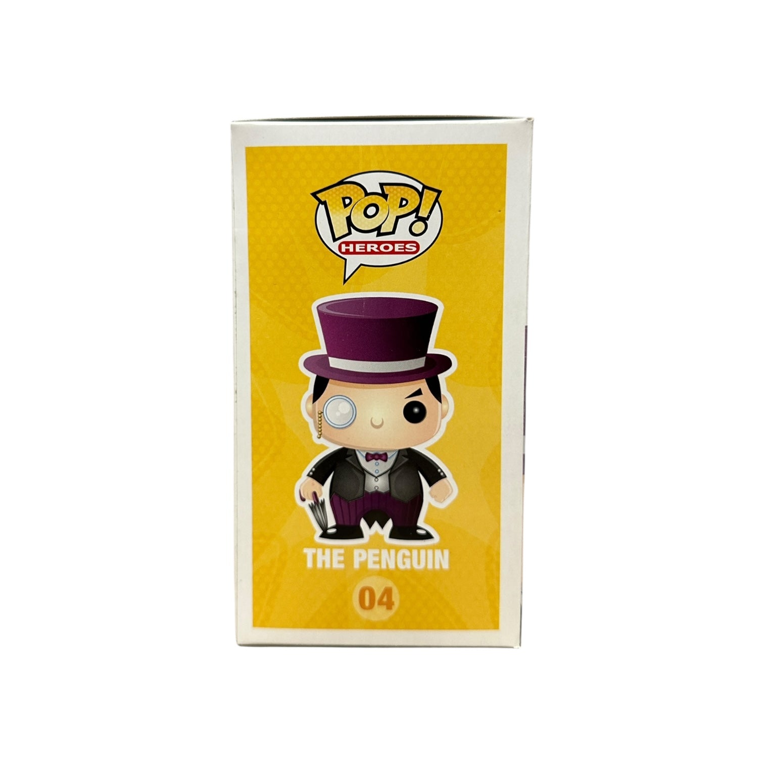 Funko Pop! Heroes packaging featuring The Penguin figure on a yellow background