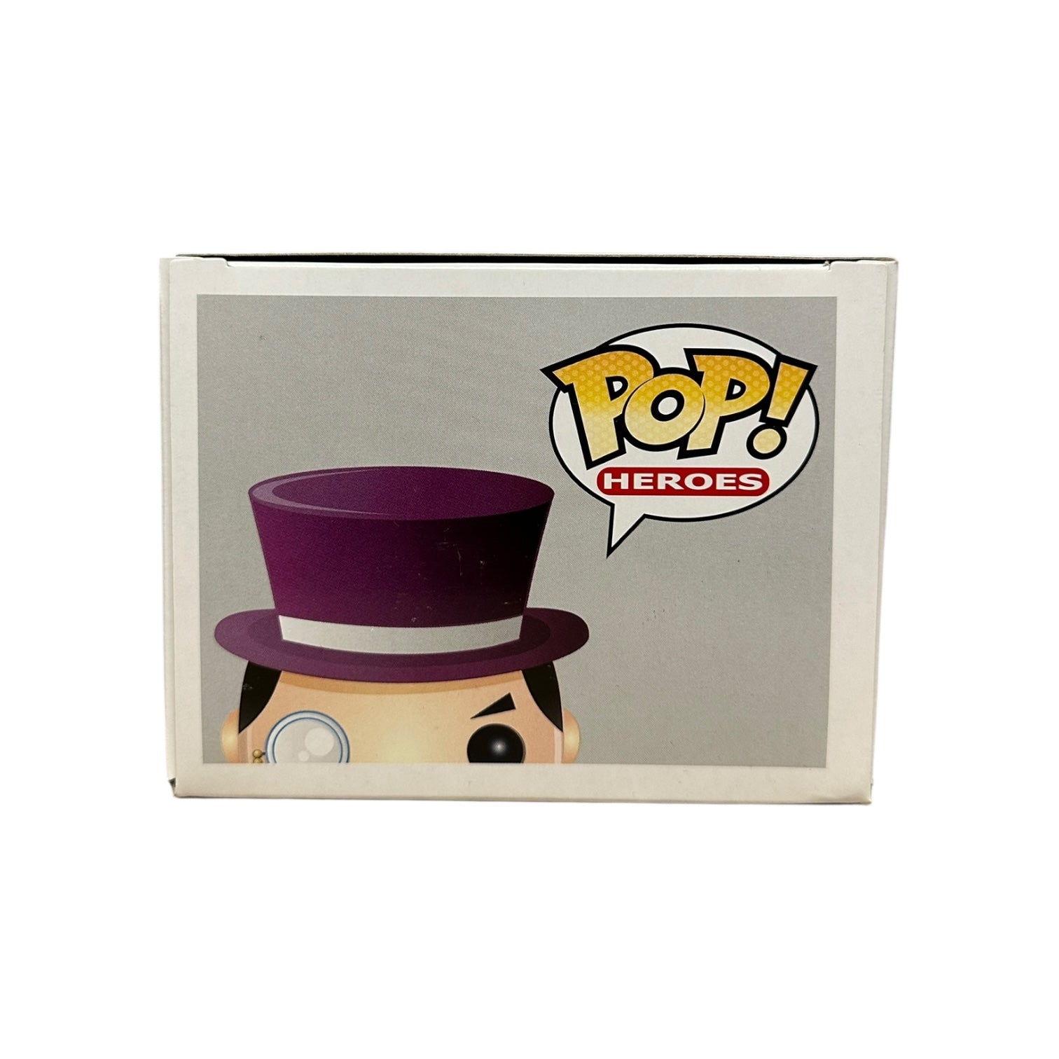 Pop! Heroes packaging with a character wearing a purple top hat on a white background