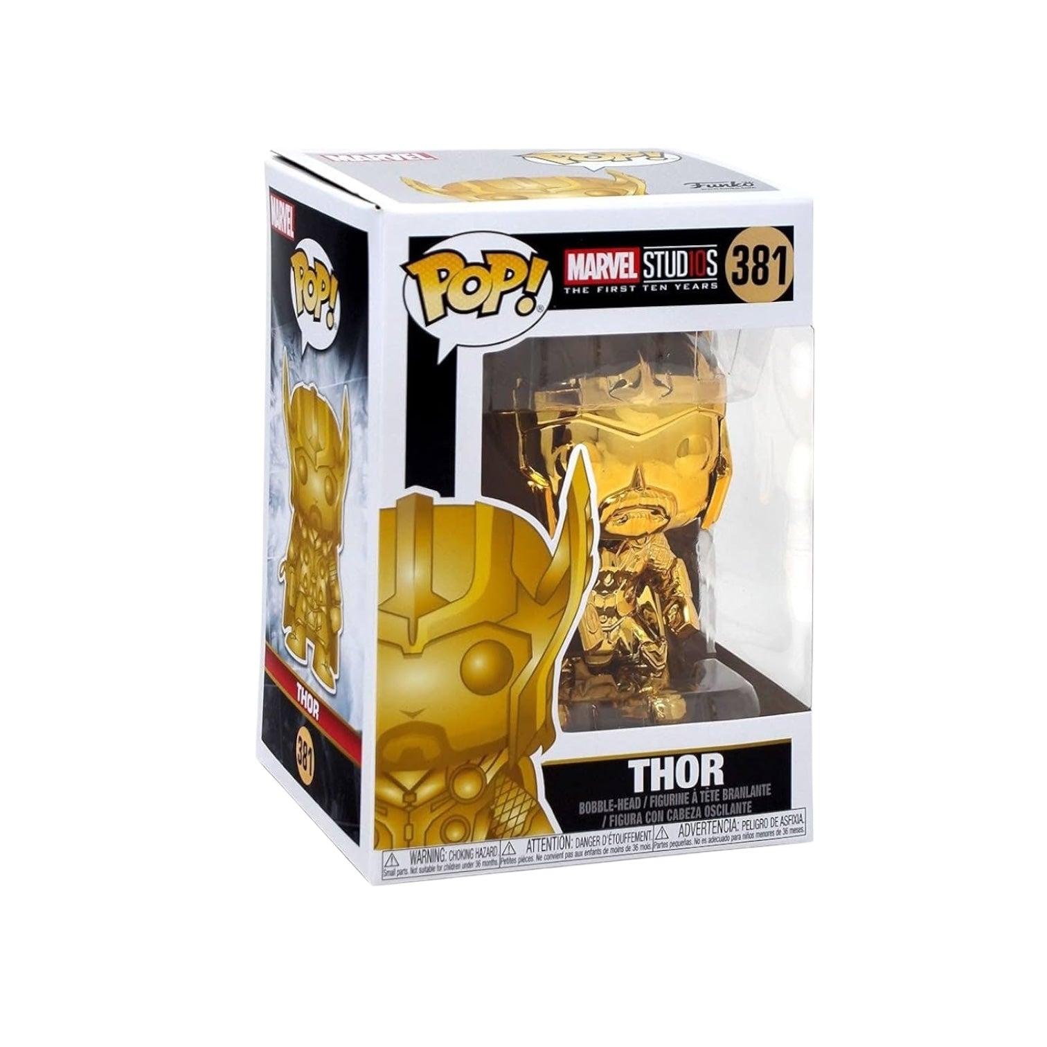 Gold chrome Thor Funko Pop! #381 from Marvel Studios' The First Ten Years, showcasing the iconic superhero in shiny detail.