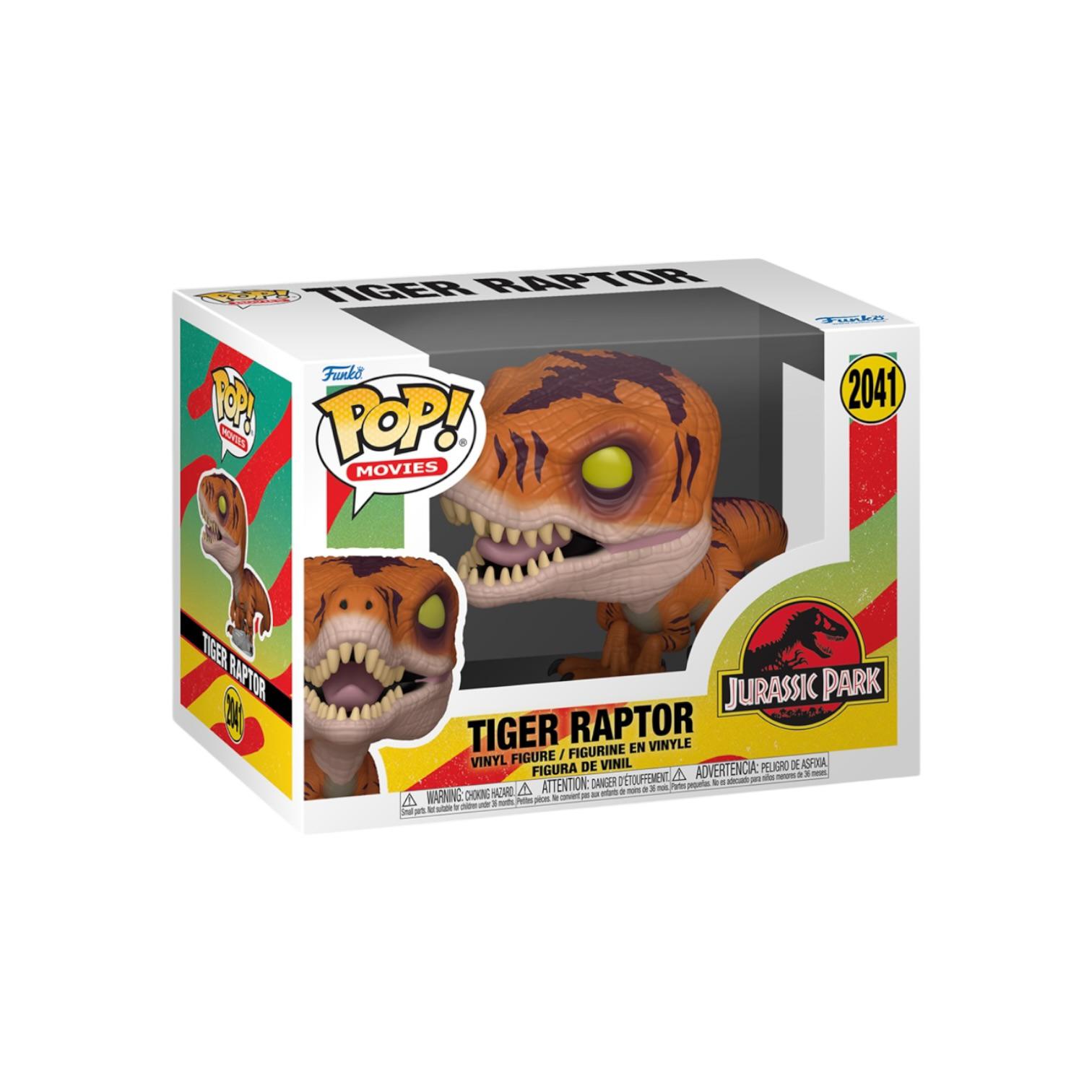 Funko Pop! Tiger Raptor figure packaging from Jurassic Park on a white background