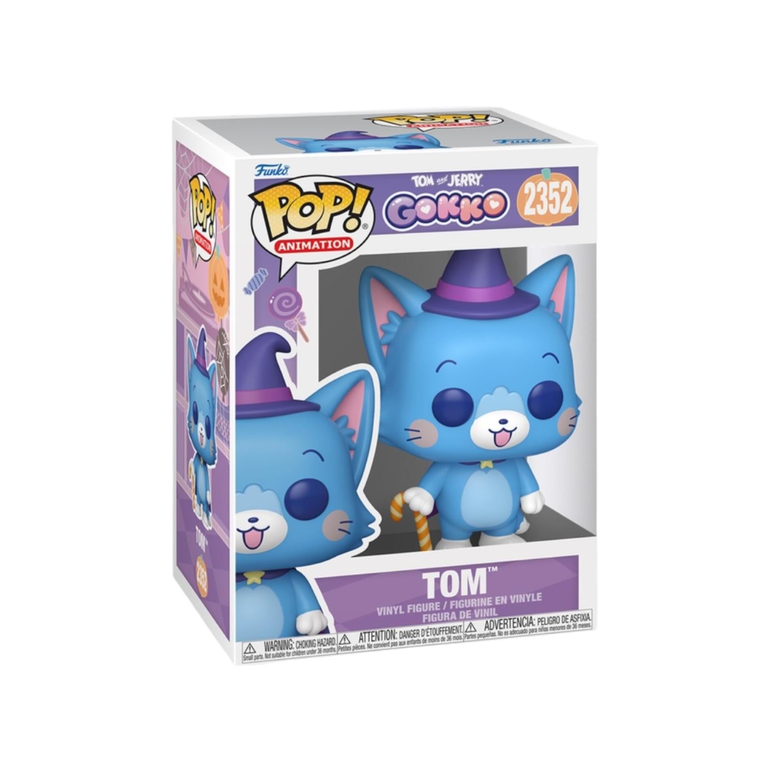 Blue cat-like figurine with a witch hat and candy cane on a white background