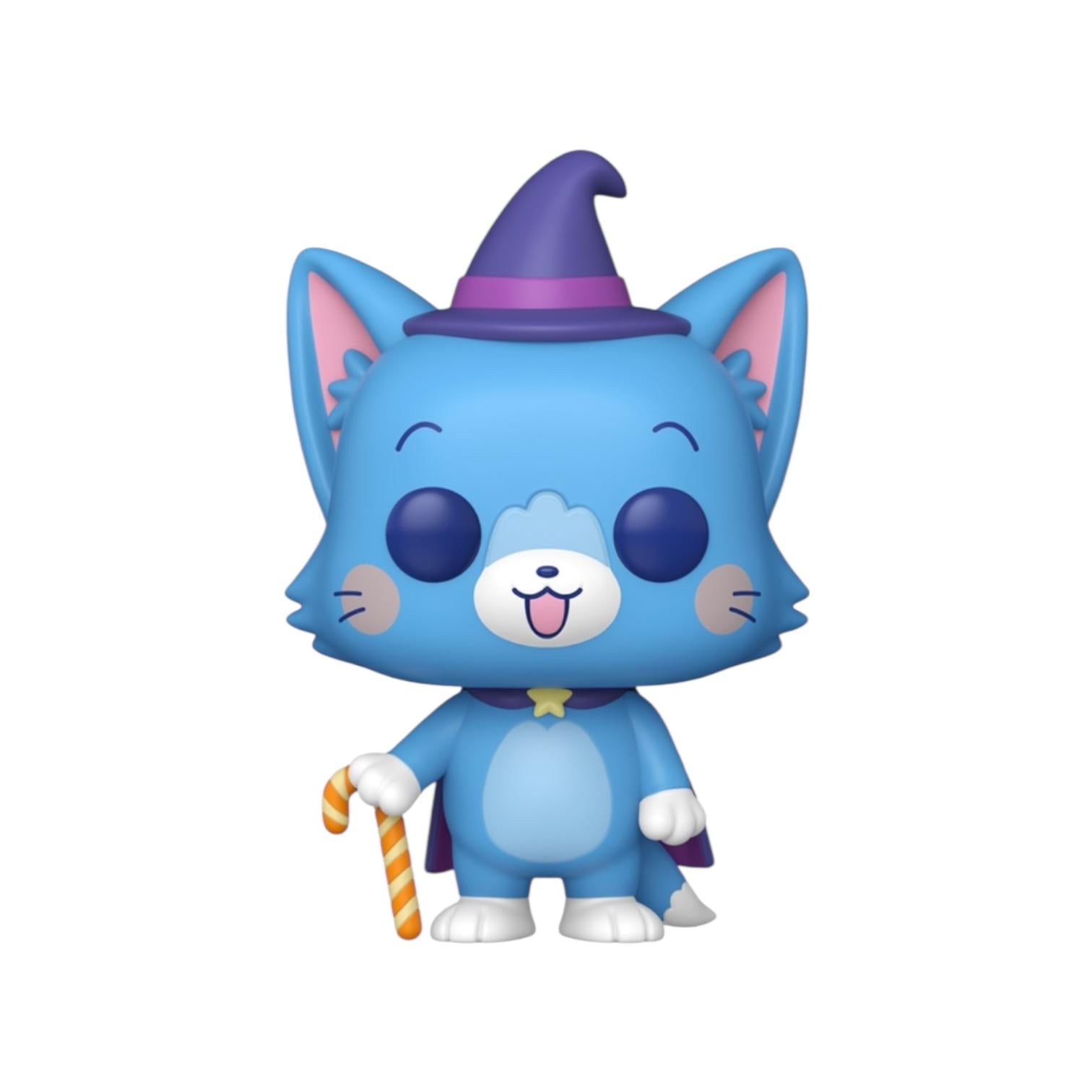 Blue cat-like figurine with a witch hat and candy cane on a white background