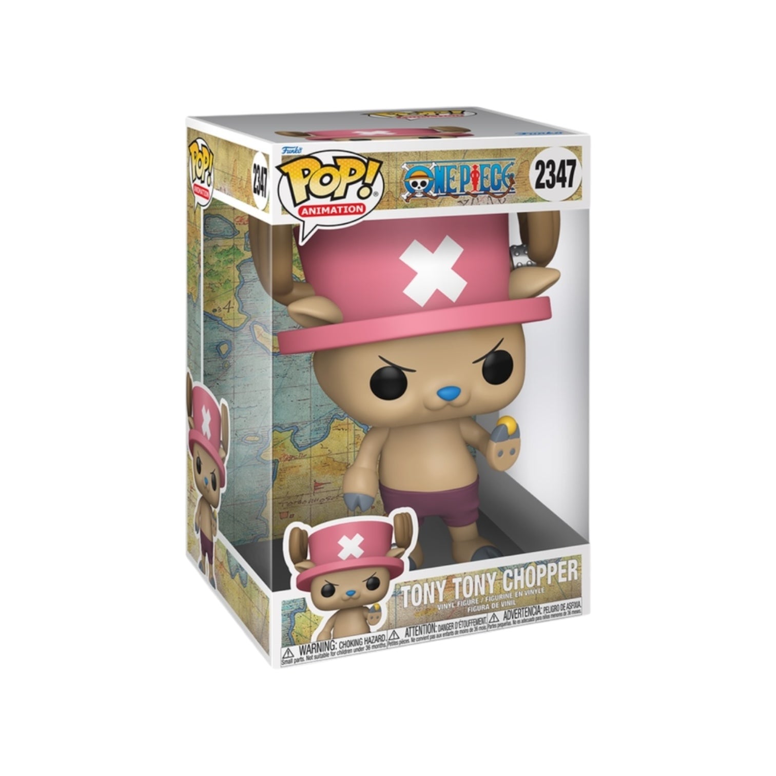 Funko Pop! vinyl figure packaging of Tony Tony Chopper with a pink hat and white cross symbol, on a white background.