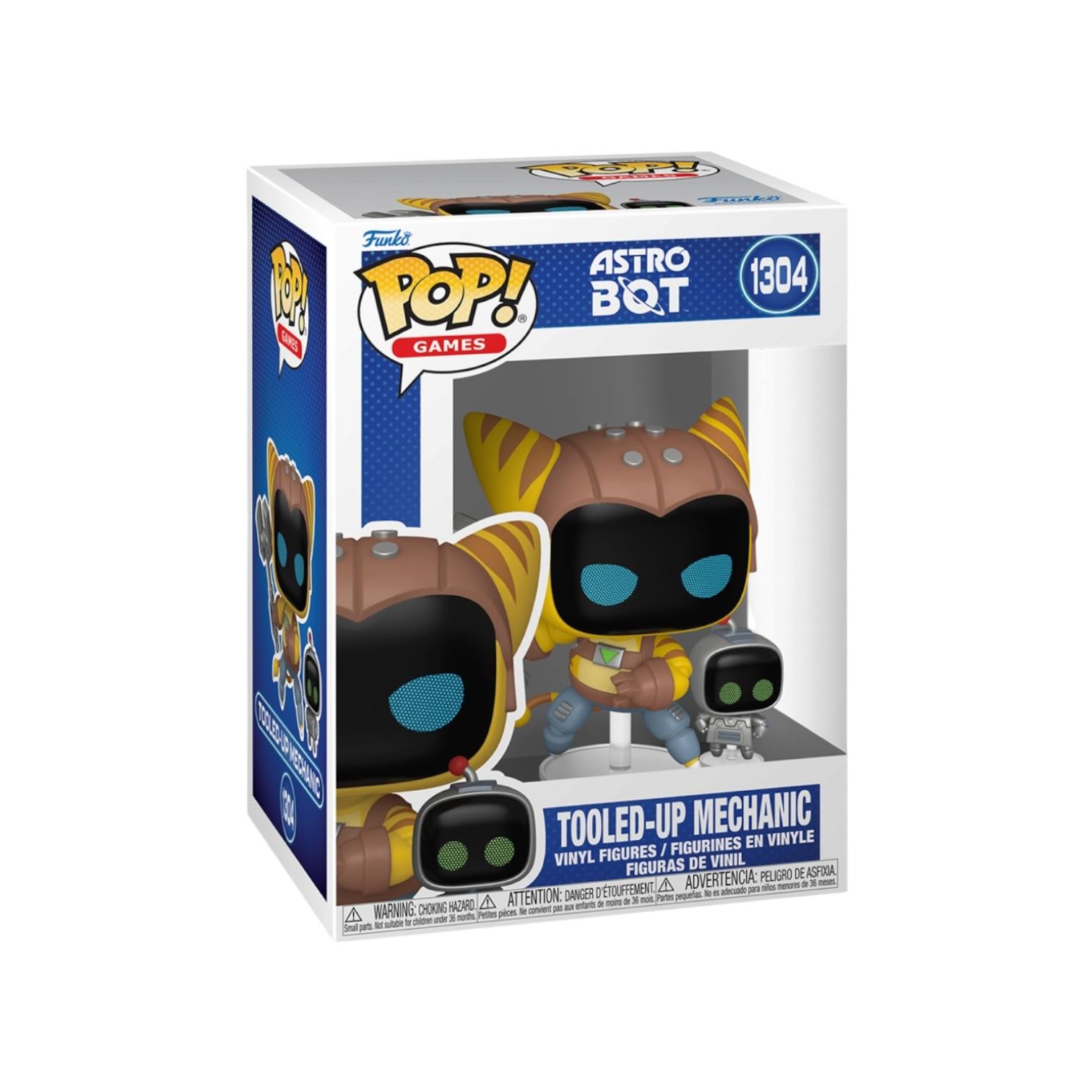Funko Pop! vinyl figure packaging for Astro Bot with 'Tooled-Up Mechanic' text on a white background.