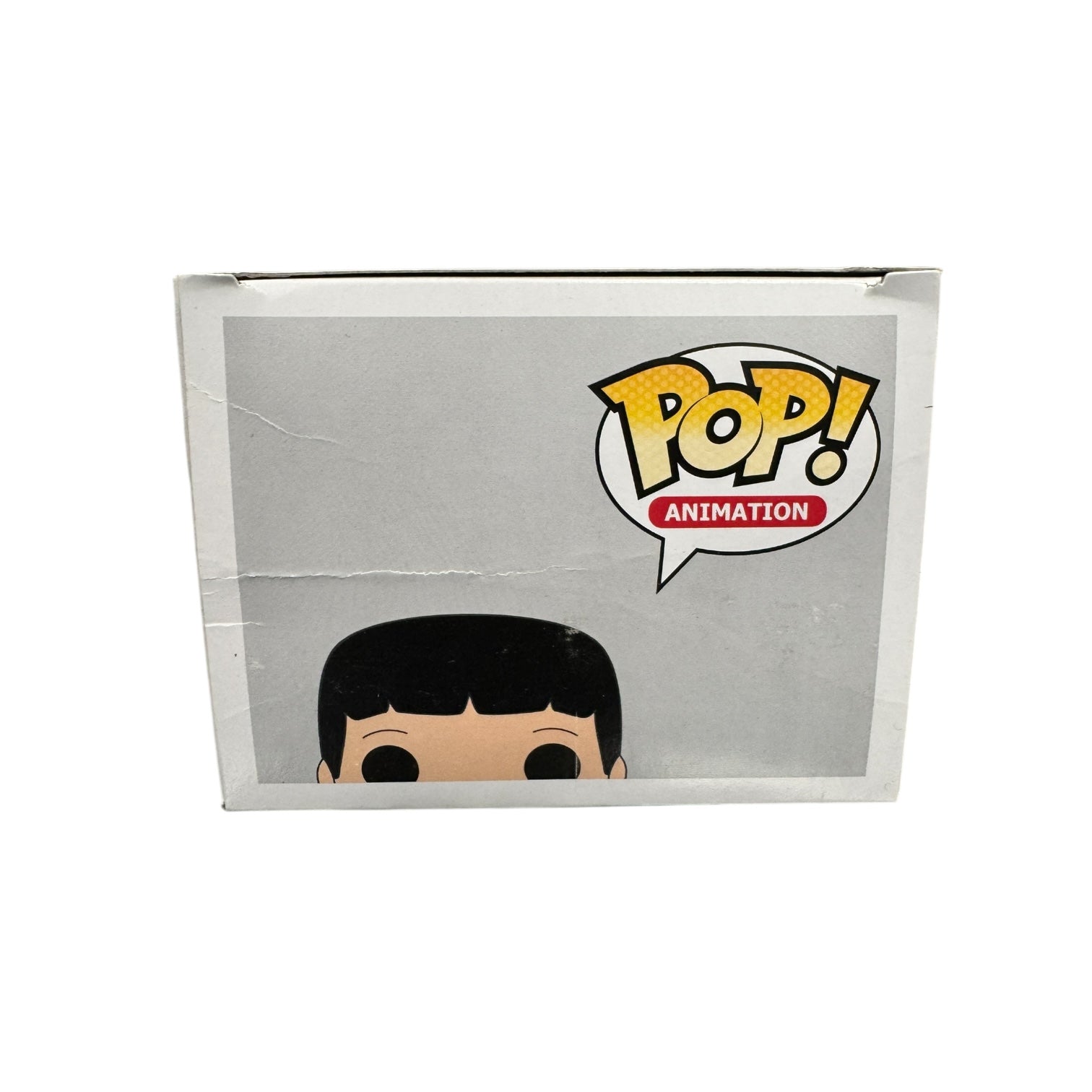 Gene Belcher from Bobs burgers wearing a hamburger costume holding a blue megaphone. Box damage.