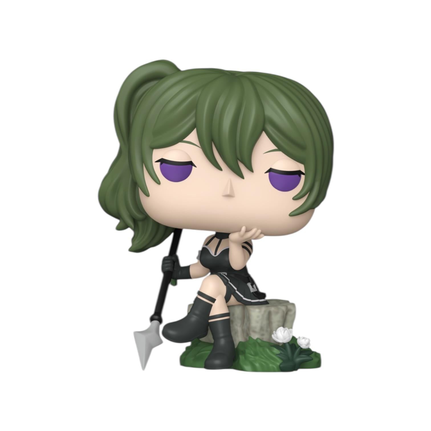 Funko Pop! vinyl figure of a character with green hair and purple eyes, holding a weapon, on a white background.