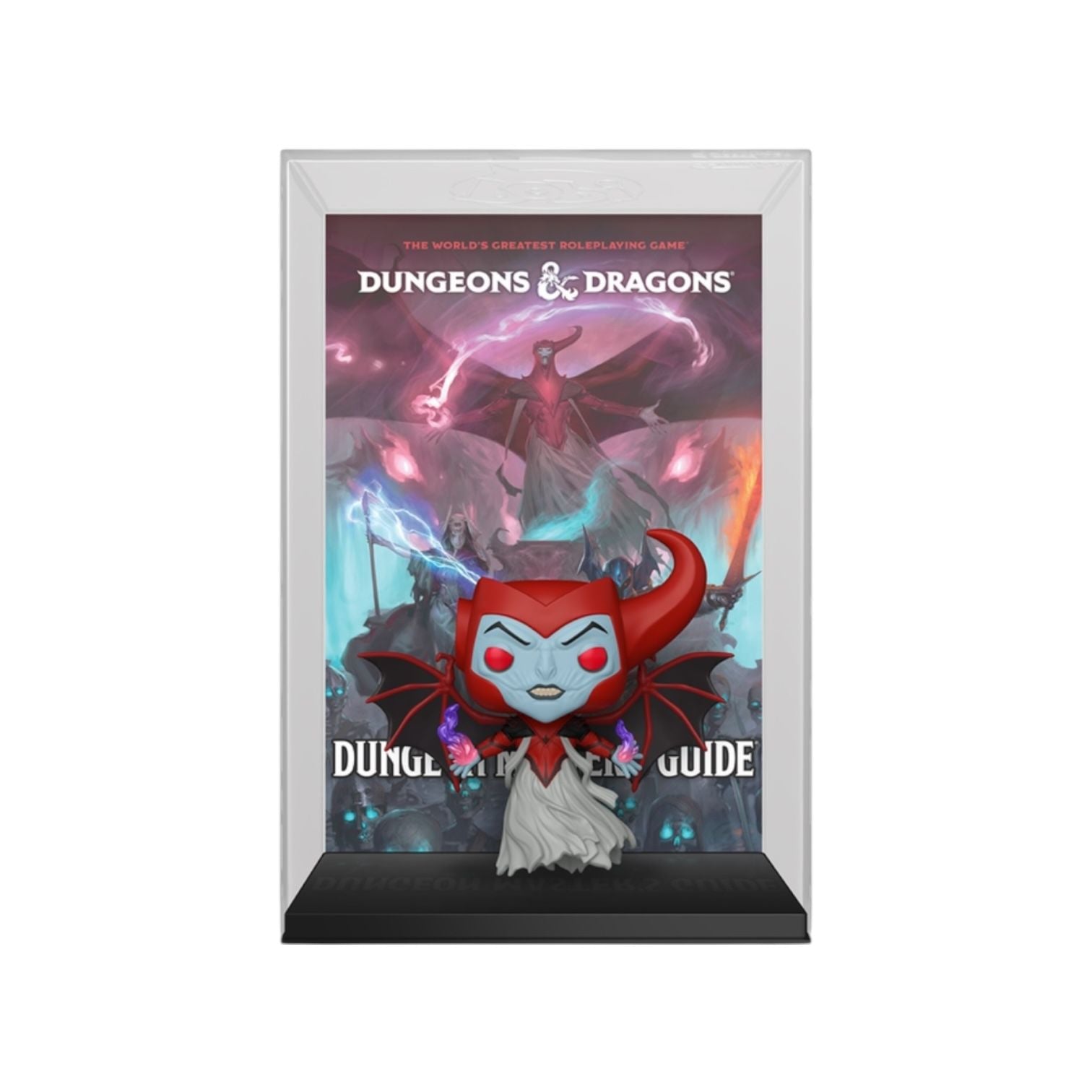 Dungeons & Dragons figurine in a display case with game guide book