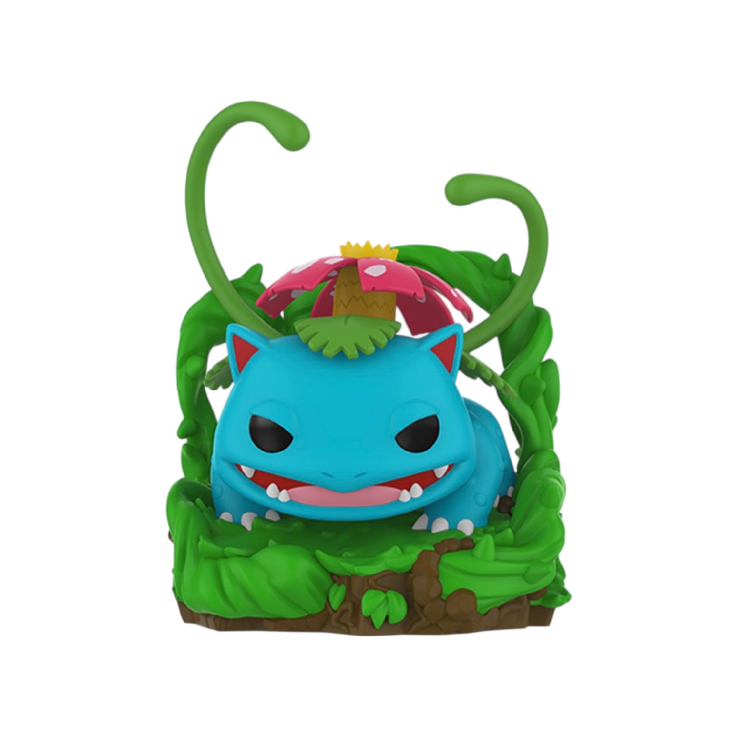 Colorful toy figure of a blue creature with green leaves and a pink flower on a white background