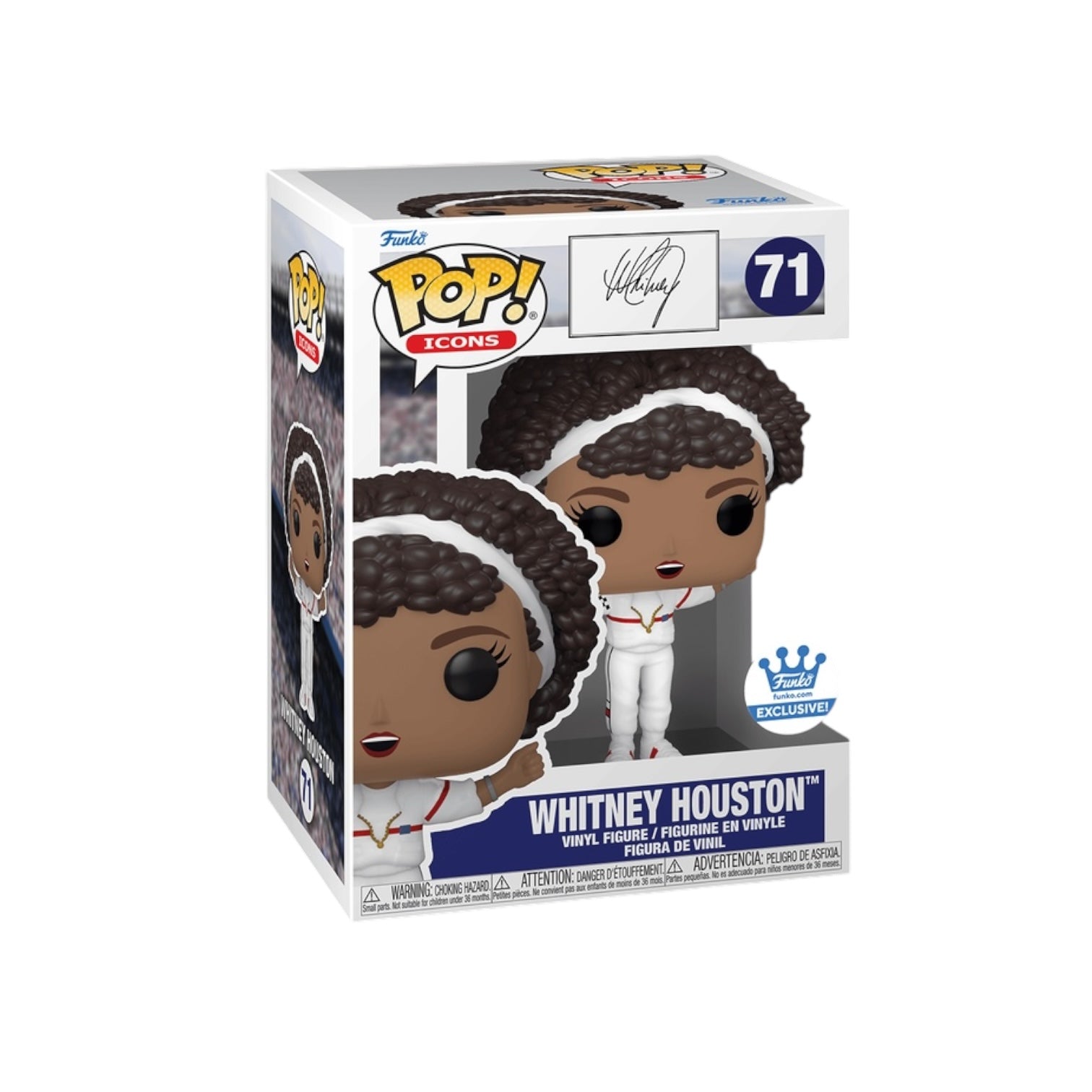 Whitney Houston dressed in all white with her arms in the air. 