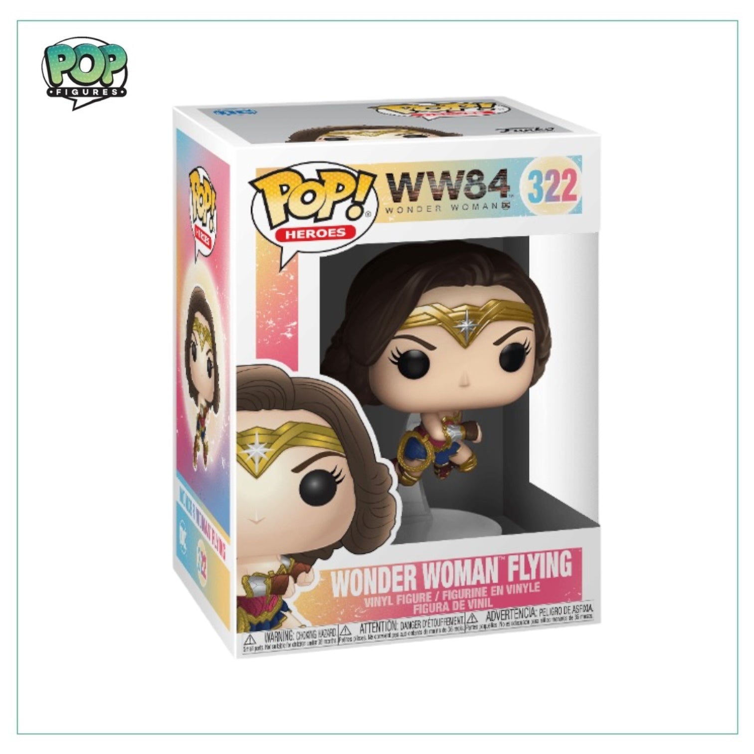 Funko Pop! figure of Wonder Woman flying, inspired by WW84, showcasing her iconic costume and determined expression.