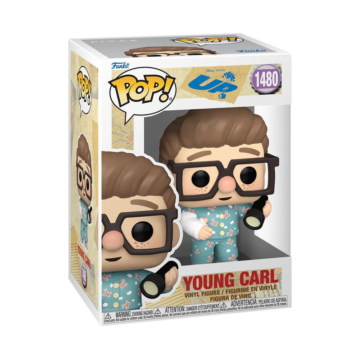 Young Carl Funko Pop! figure #1480, featuring a smiling boy in a blue shirt and brown shorts, inspired by the movie Up.