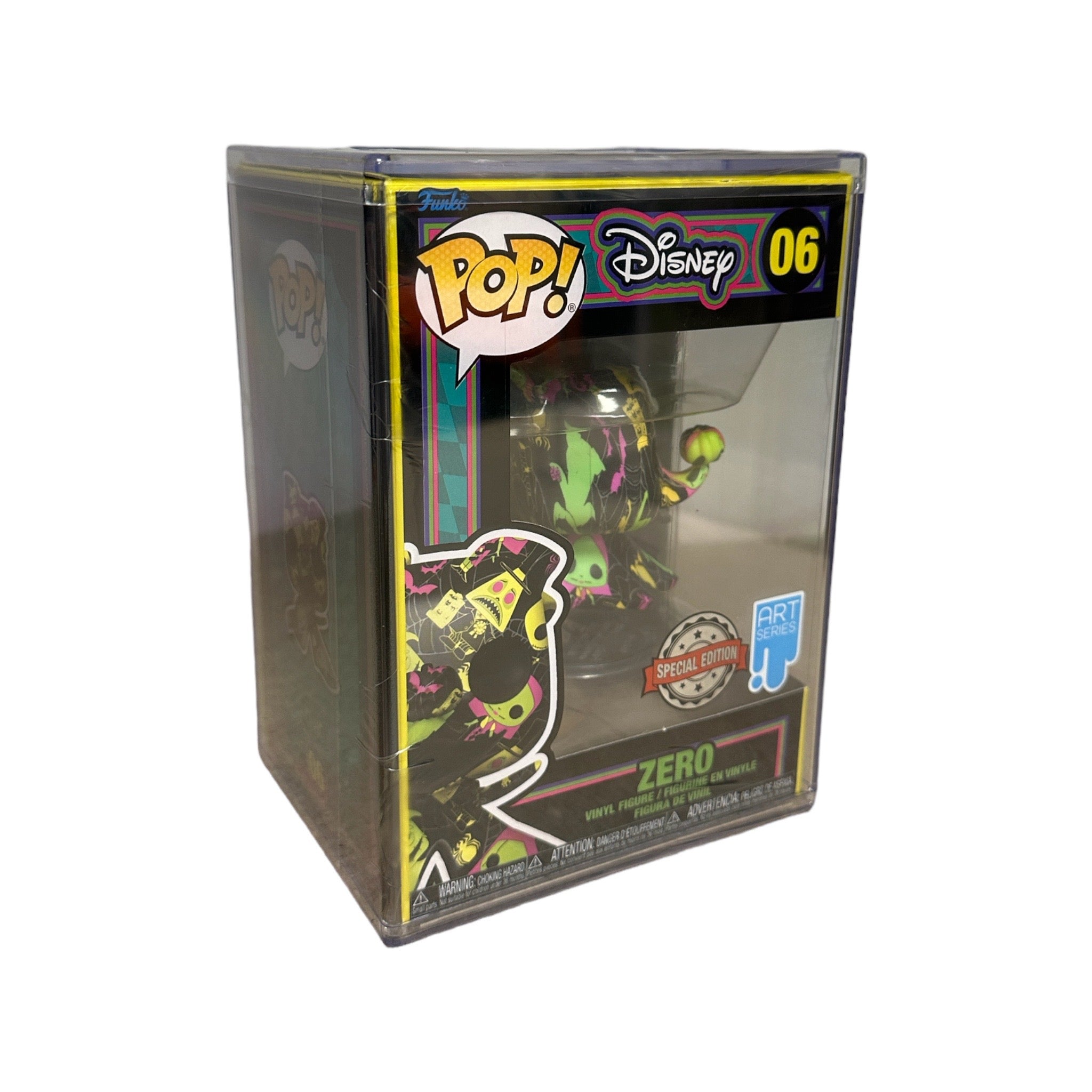 Funko Pop of Zero from The Nightmare Before Christmas, part of the Black Light series, featuring vibrant colors and special edition design.