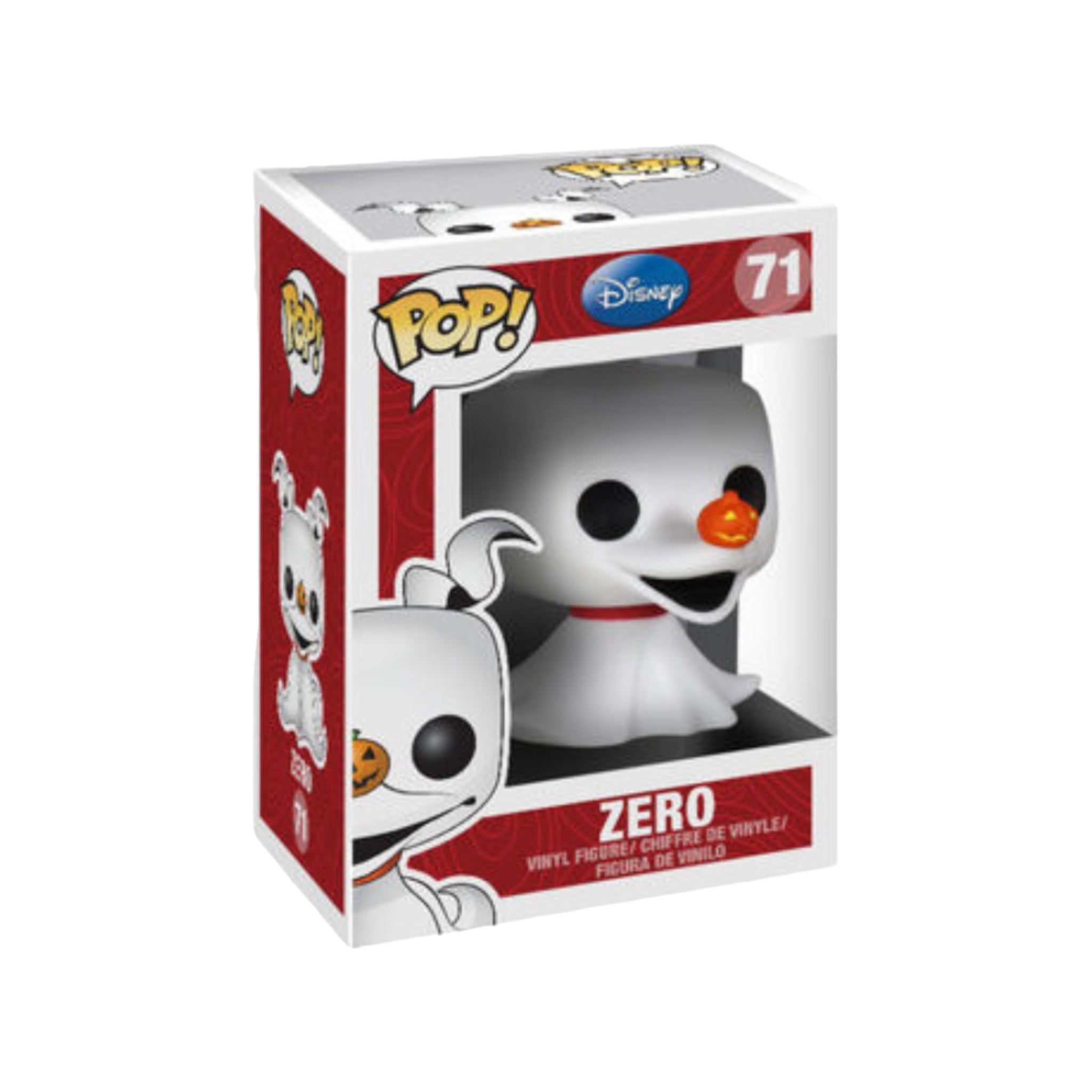  Funko Pop! figure of Zero, the ghost dog from The Nightmare Before Christmas, with a glowing pumpkin nose and a playful pose.