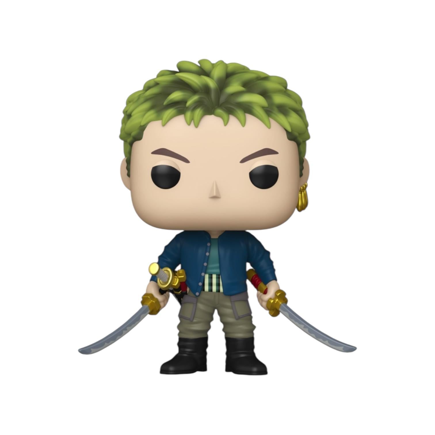 Funko Pop! vinyl figure with green hair and swords on a white background