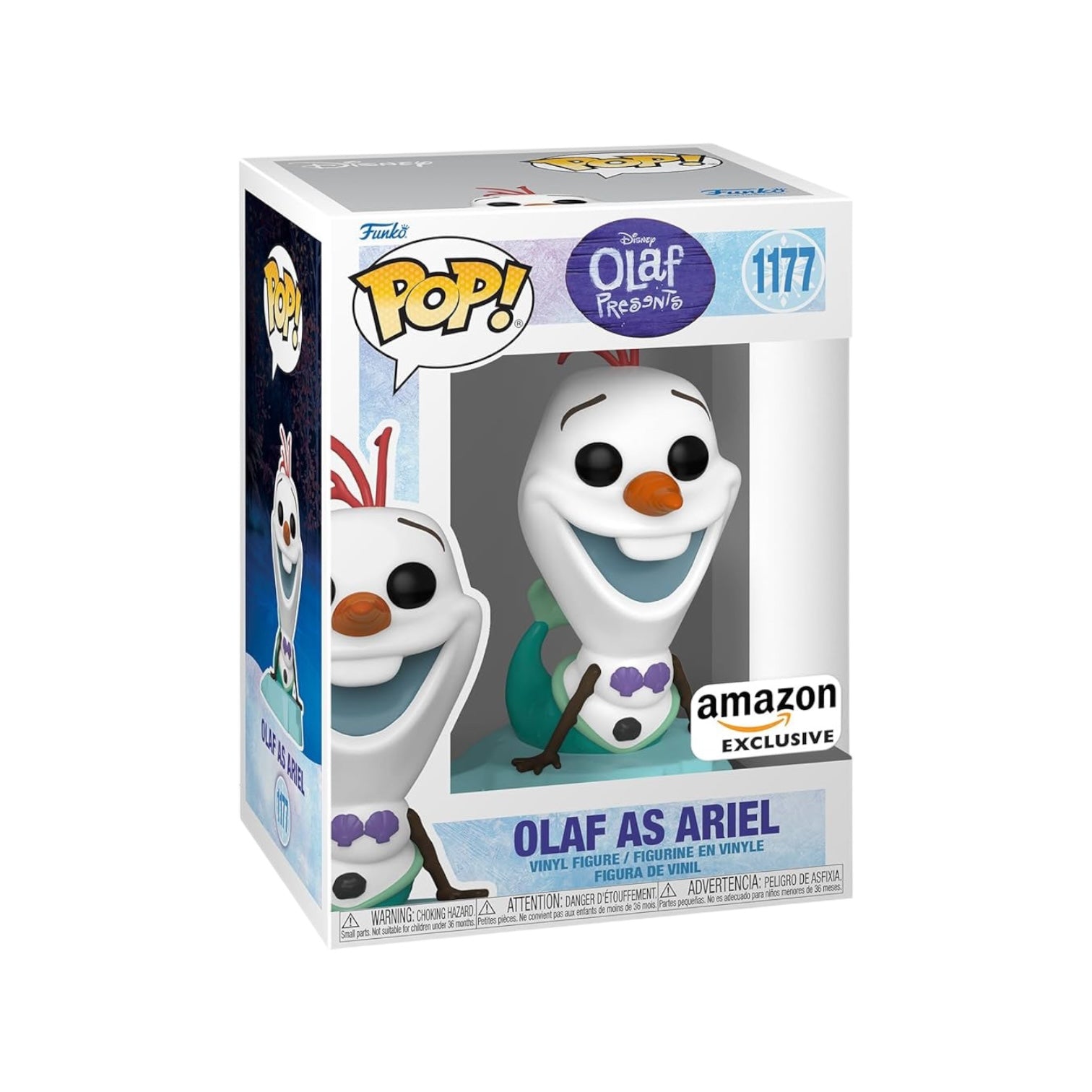 Funko Pop! of Olaf as Ariel, #1177 from Frozen, featuring vibrant colors and a whimsical design, Amazon Exclusive.