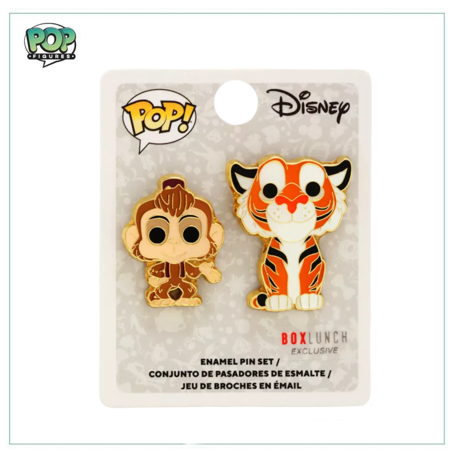 Enamel pin set featuring Abu and Raja from Disney's Aladdin, exclusive to Box Lunch. Colorful and detailed design.