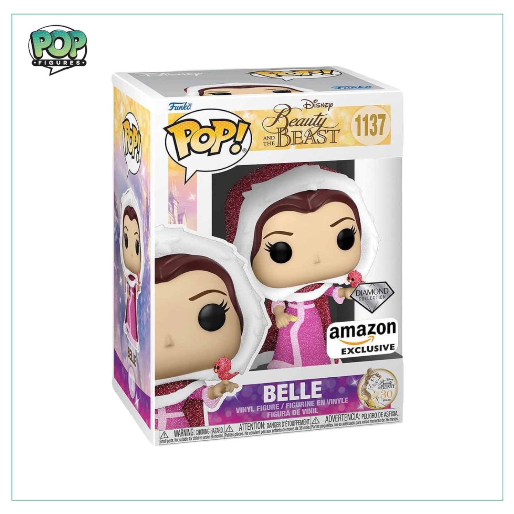 Funko Pop! figure of Belle from Beauty and the Beast, part of the Diamond Collection, marked as an Amazon Exclusive.