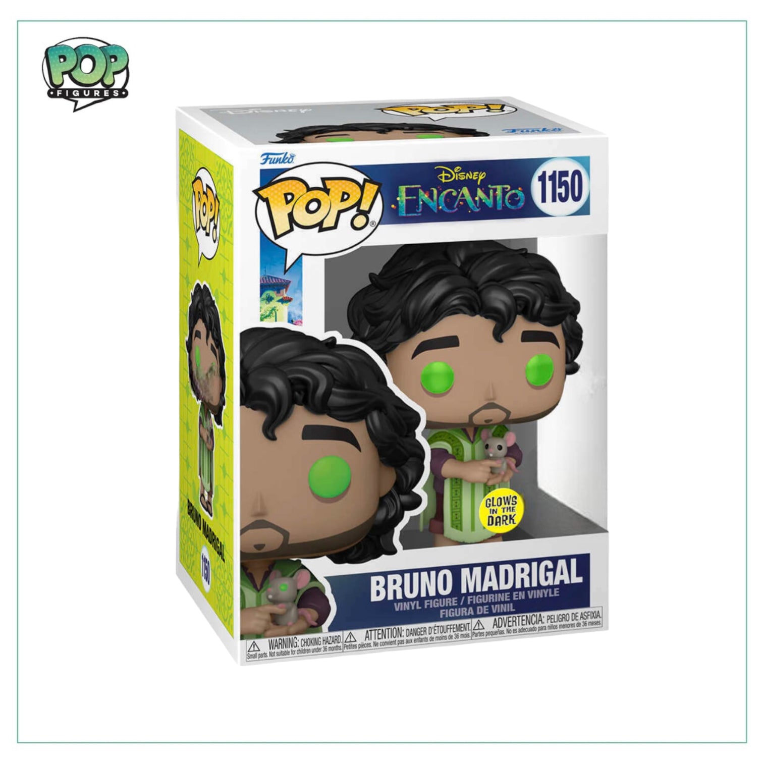 Funko Pop! figure of Bruno Madrigal from Encanto, featuring a glow-in-the-dark design.