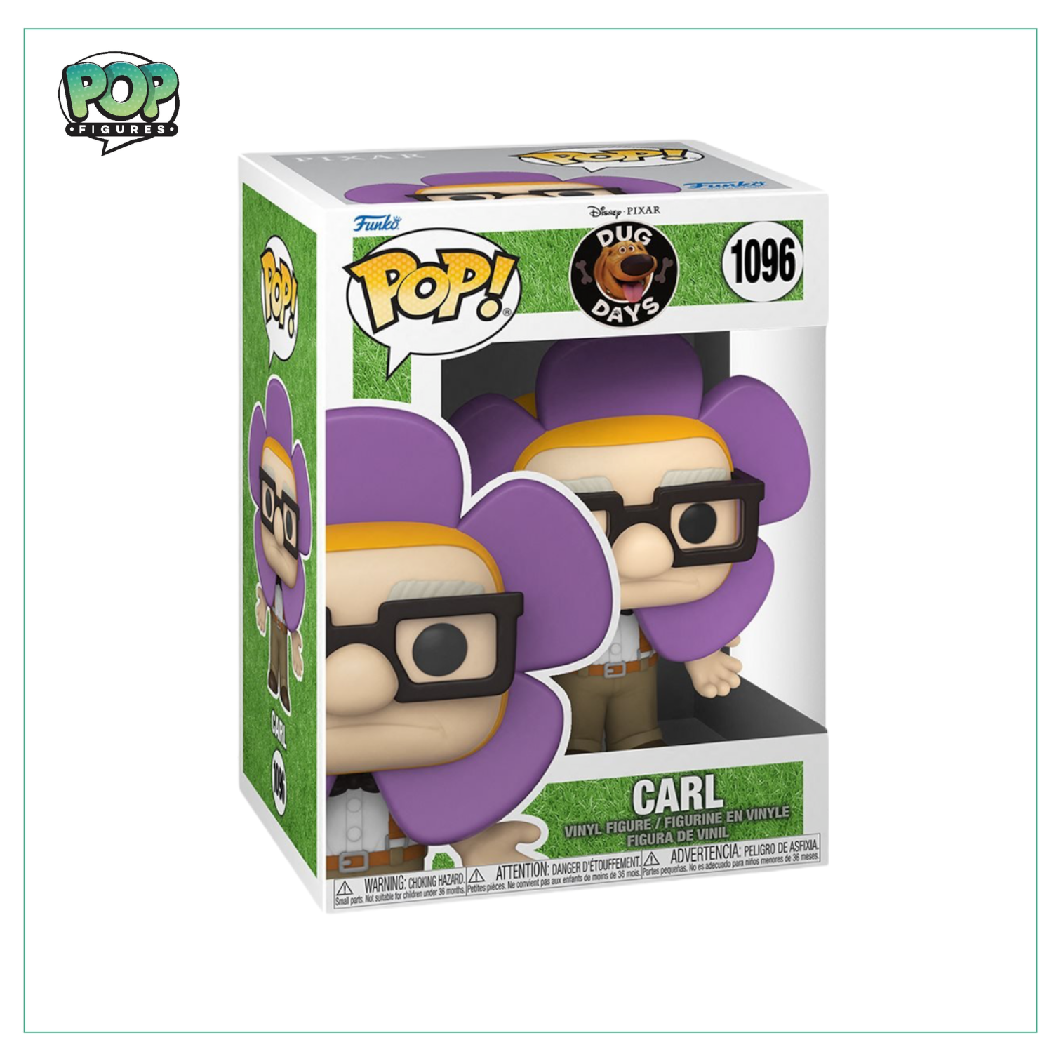 Carl Funko Pop! from Disney Pixar's Dug Days, showcasing his iconic look with glasses and a friendly smile.