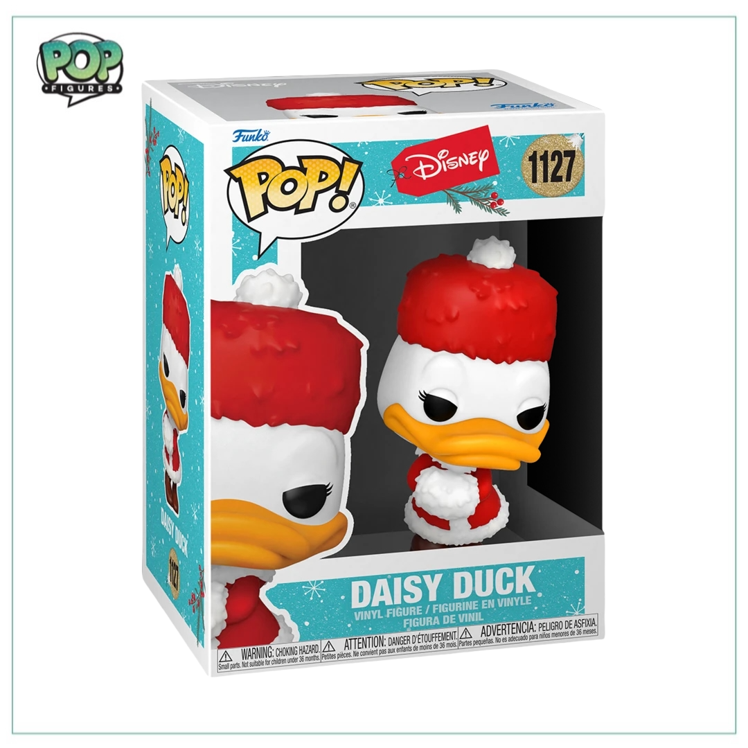 Funko Pop! figure of Daisy Duck in a holiday outfit, featuring her signature bow and cheerful expression.