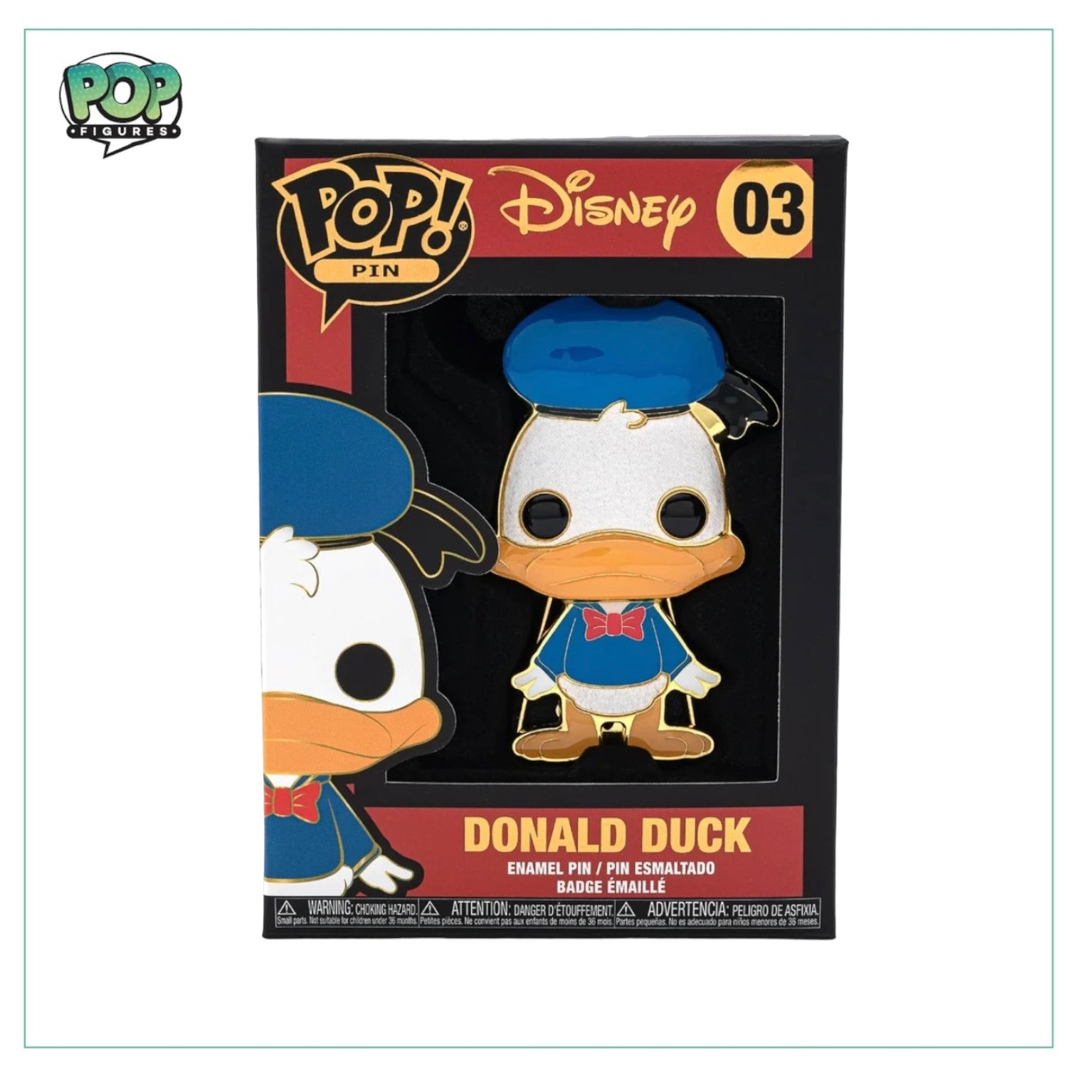 Funko enamel pin of Donald Duck #03, featuring his classic blue sailor outfit and cheerful expression.